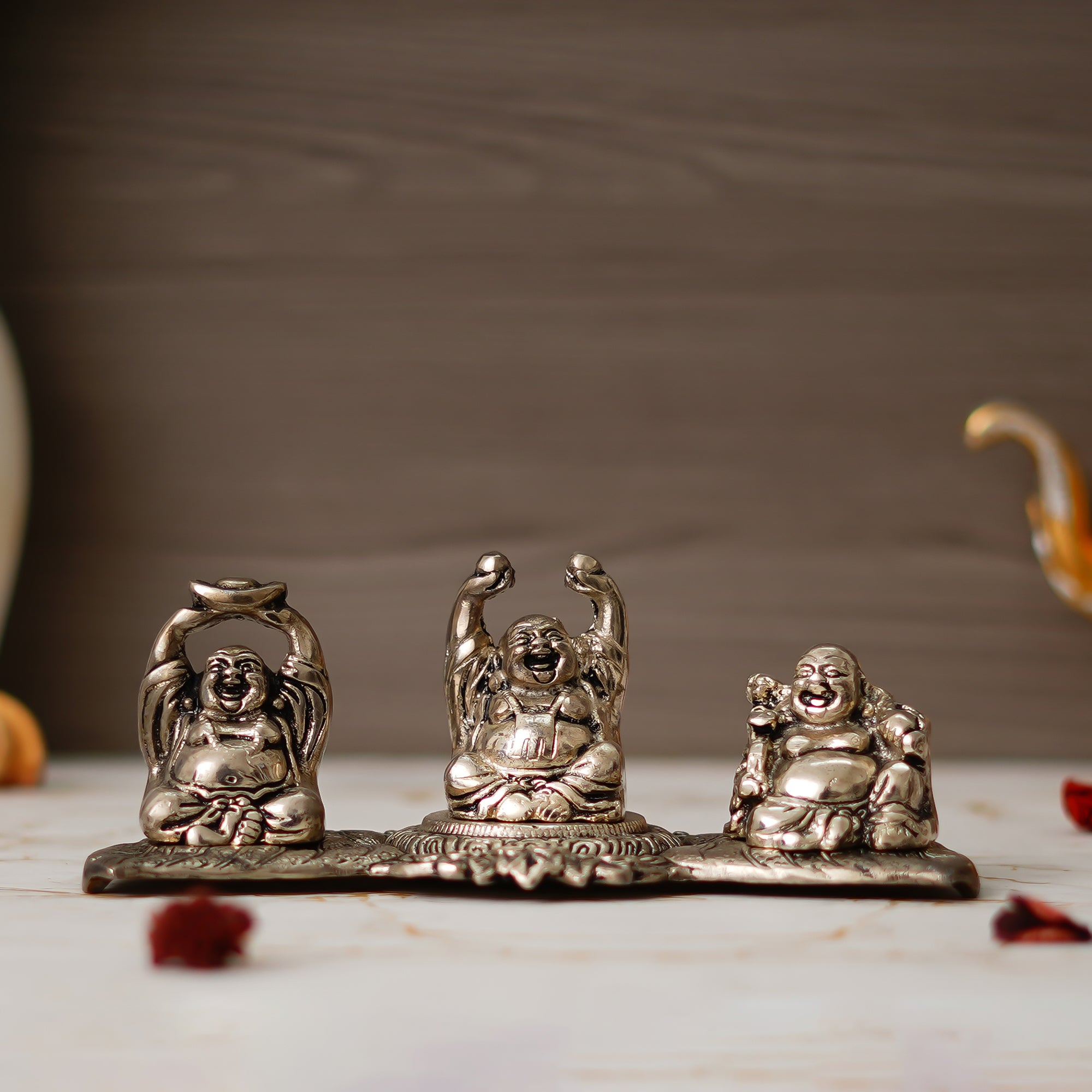 Silver Set of 3 Laughing Buddha Decorative Metal Showpiece