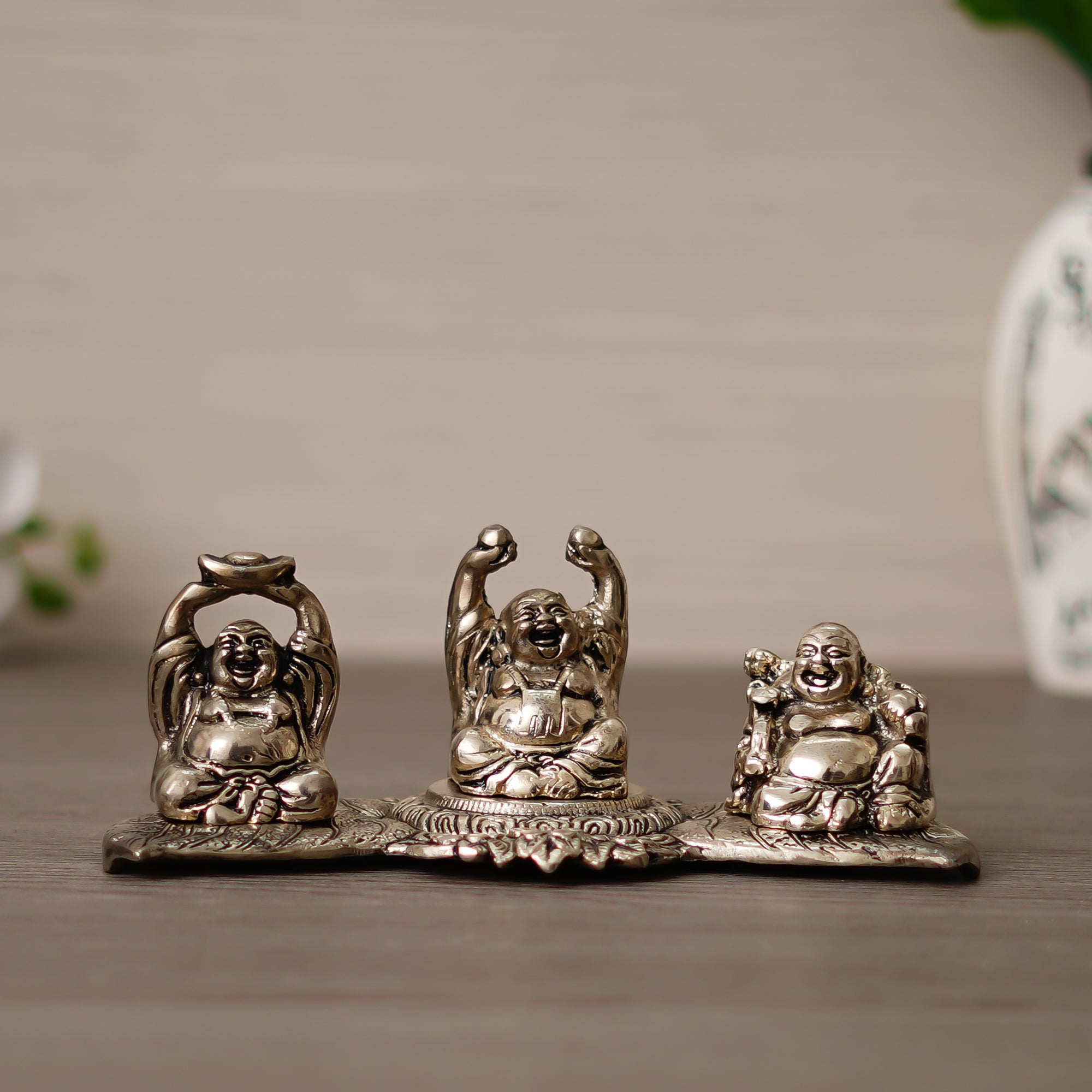 Silver Set of 3 Laughing Buddha Decorative Metal Showpiece 1
