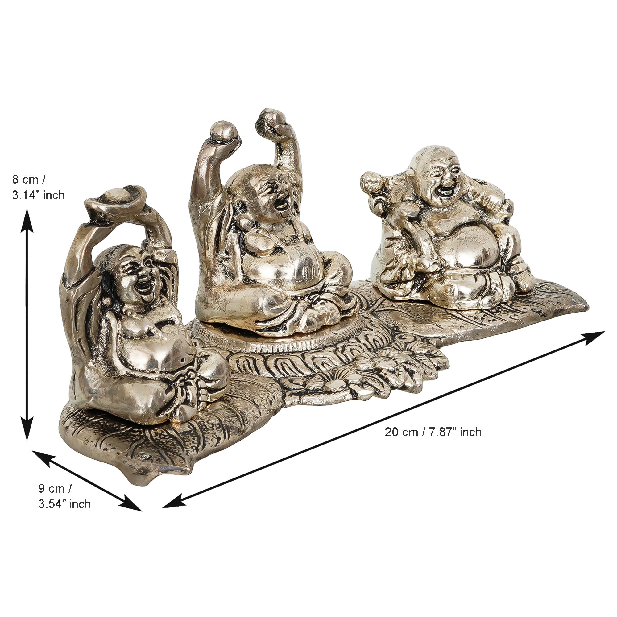 Silver Set of 3 Laughing Buddha Decorative Metal Showpiece 3