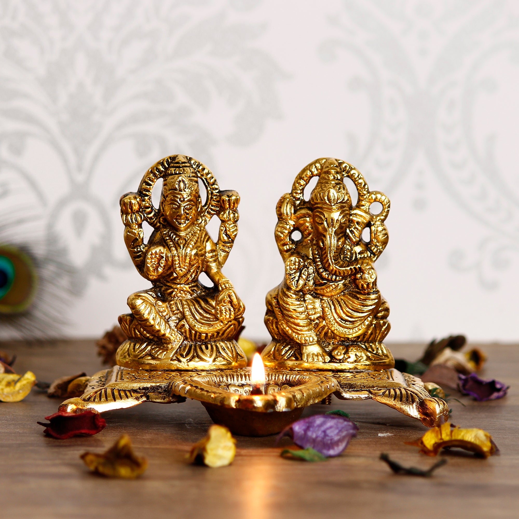 Golden Goddess Laxmi With Lord Ganesha Idol and Decorative Diya Metal Showpiece 1