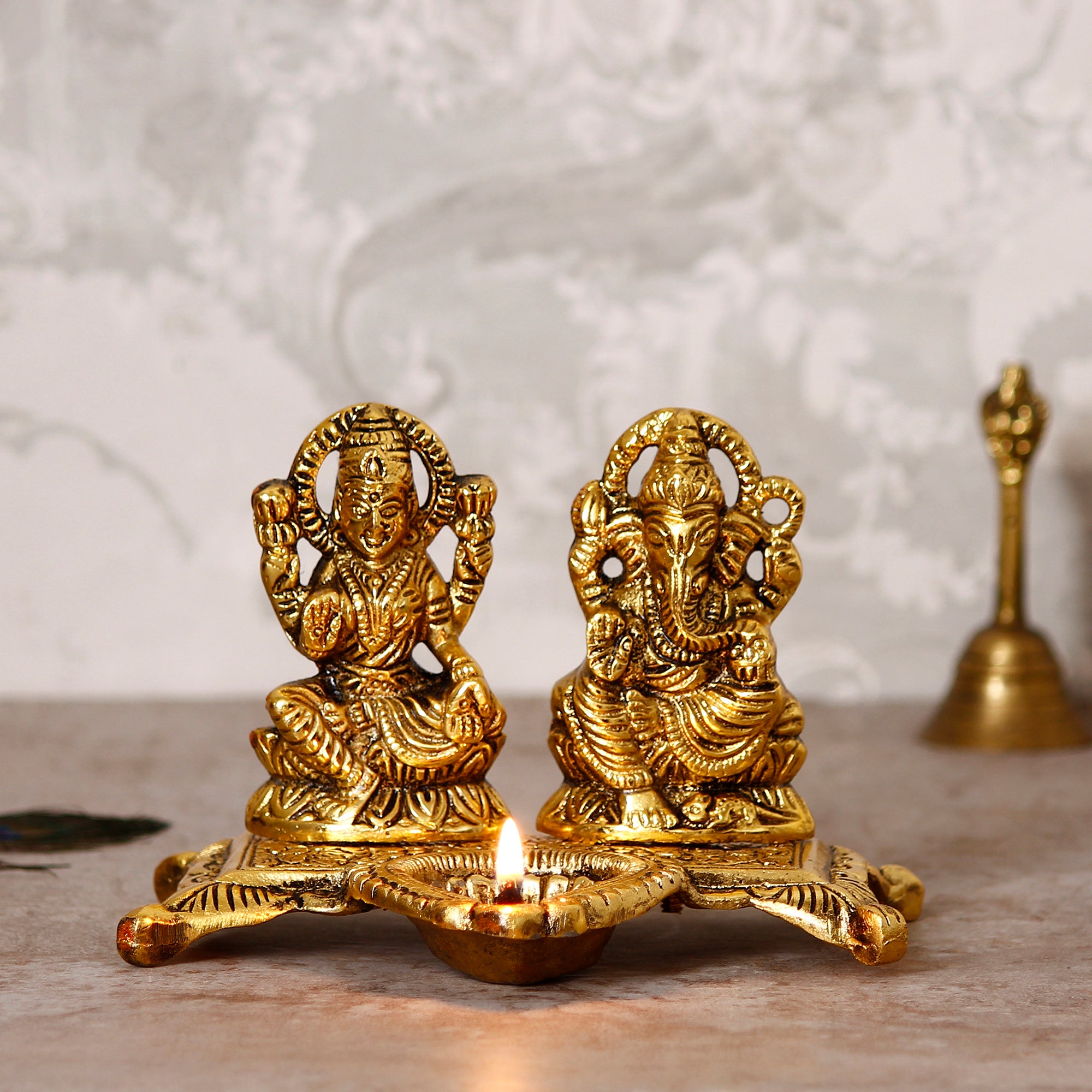 Golden Goddess Laxmi With Lord Ganesha Idol and Decorative Diya Metal Showpiece