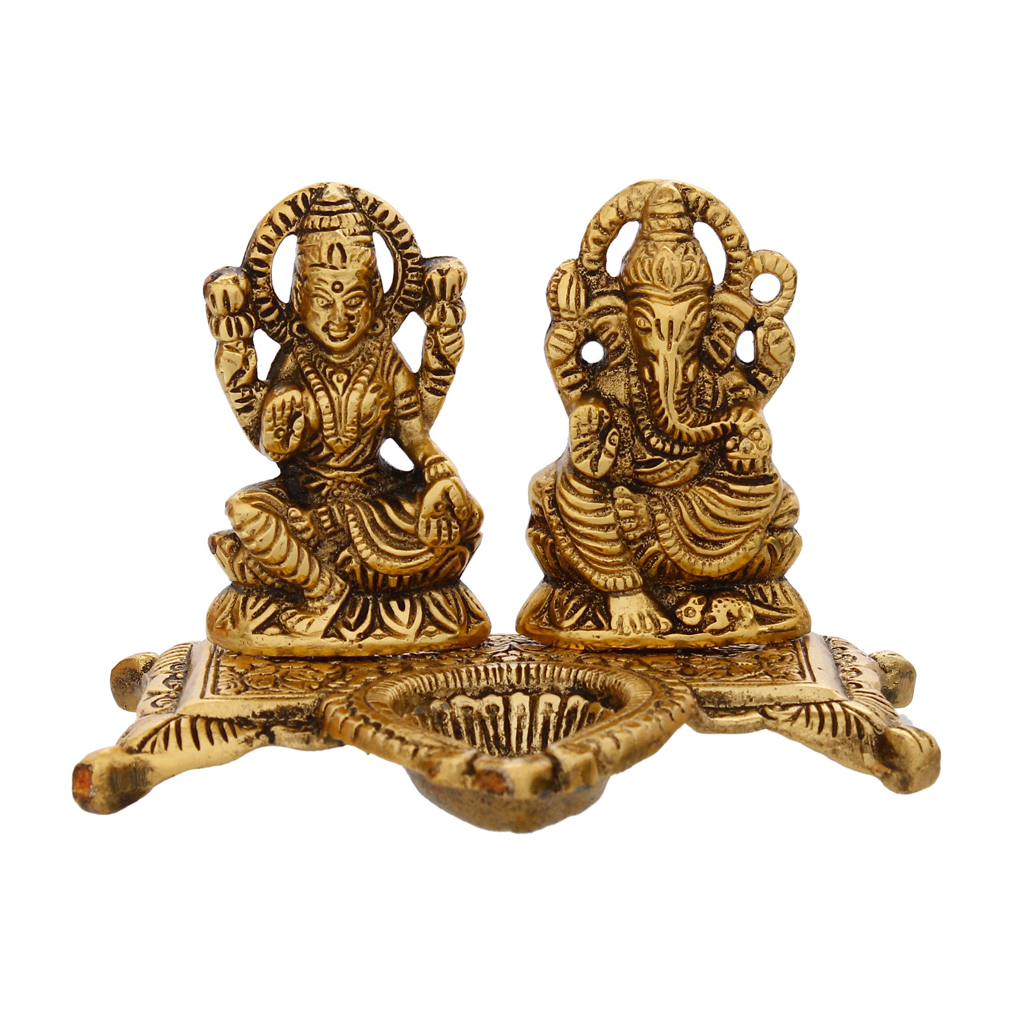 Golden Goddess Laxmi With Lord Ganesha Idol and Decorative Diya Metal Showpiece 2