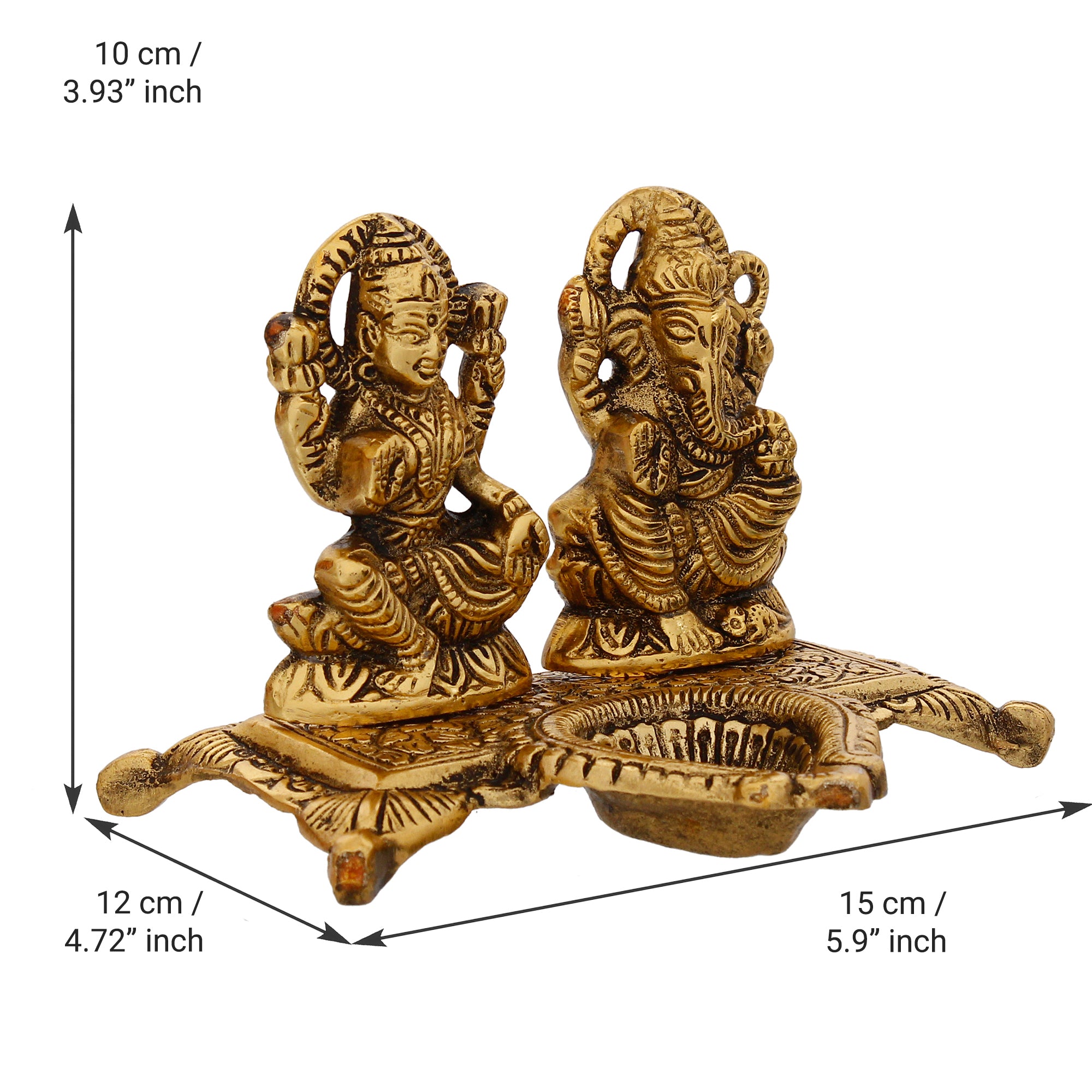 Golden Goddess Laxmi With Lord Ganesha Idol and Decorative Diya Metal Showpiece 3