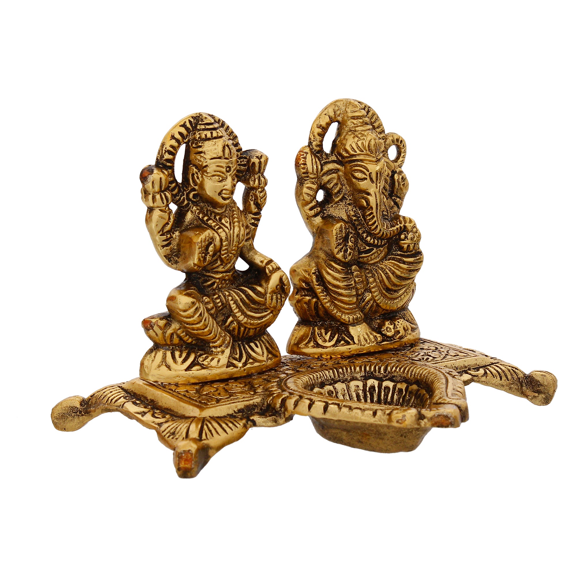 Golden Goddess Laxmi With Lord Ganesha Idol and Decorative Diya Metal Showpiece 4