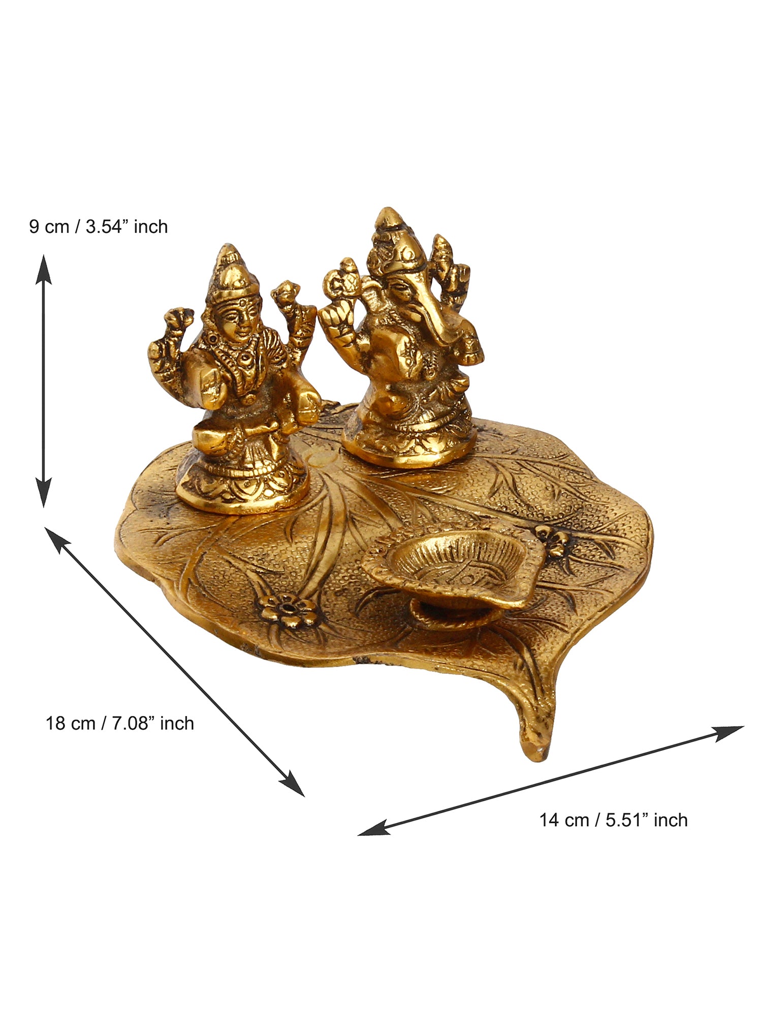 Golden Metal Handcrafted Laxmi Ganesha Idols with Diya on Leaf 3