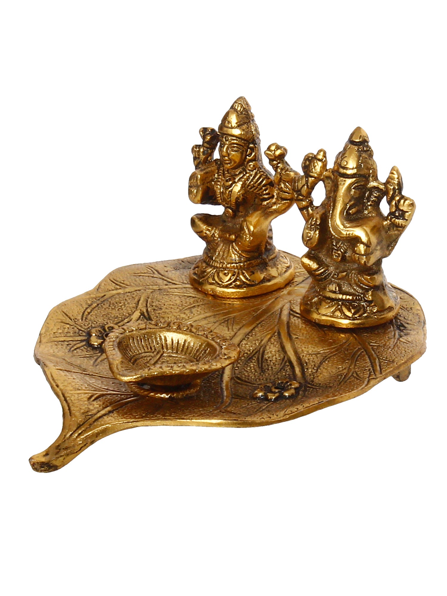 Golden Metal Handcrafted Laxmi Ganesha Idols with Diya on Leaf 4