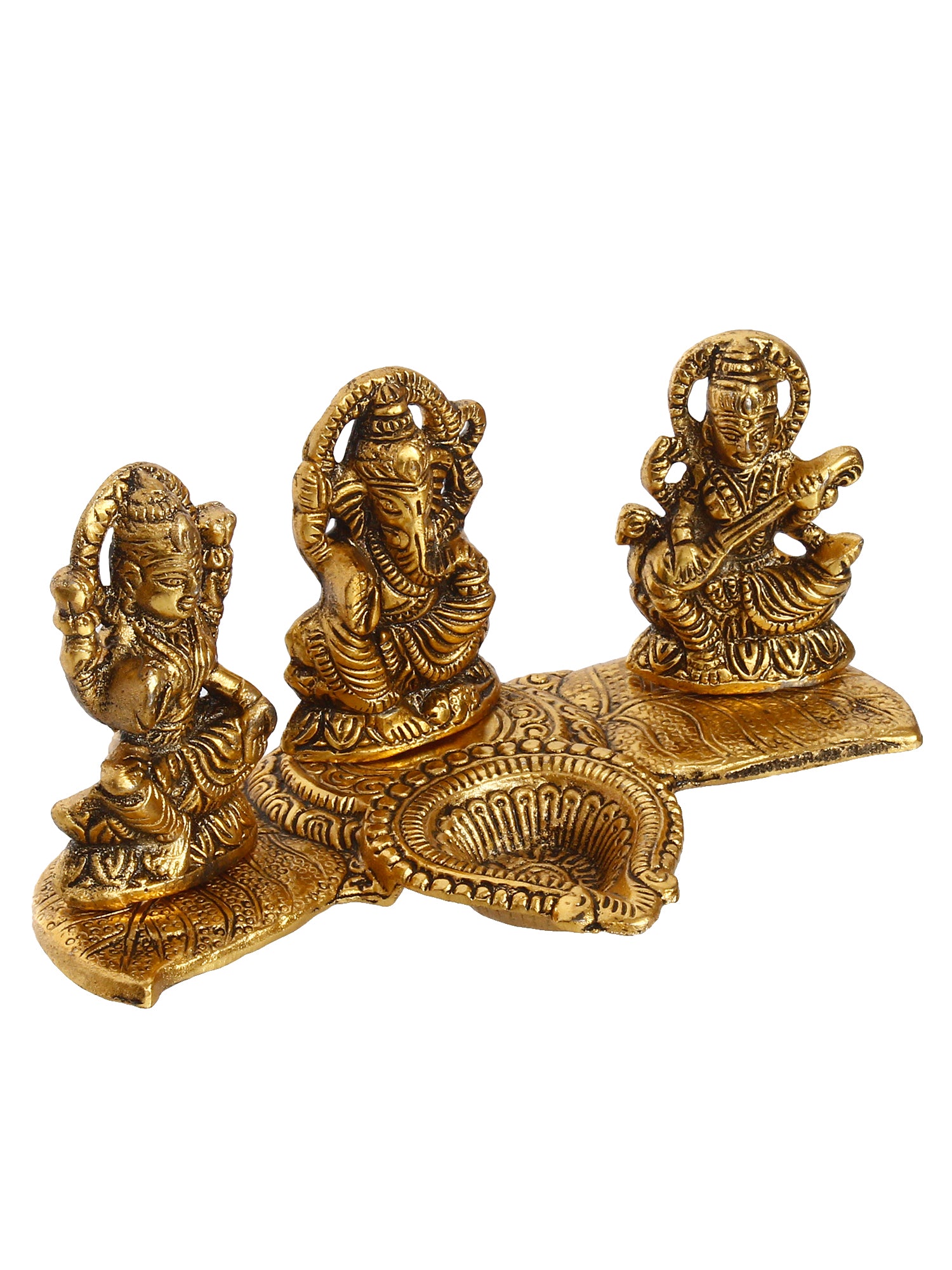 Gold Metal Handcrafted Laxmi Ganesha Saraswati Idols with Diya on Leaf Chowki 4
