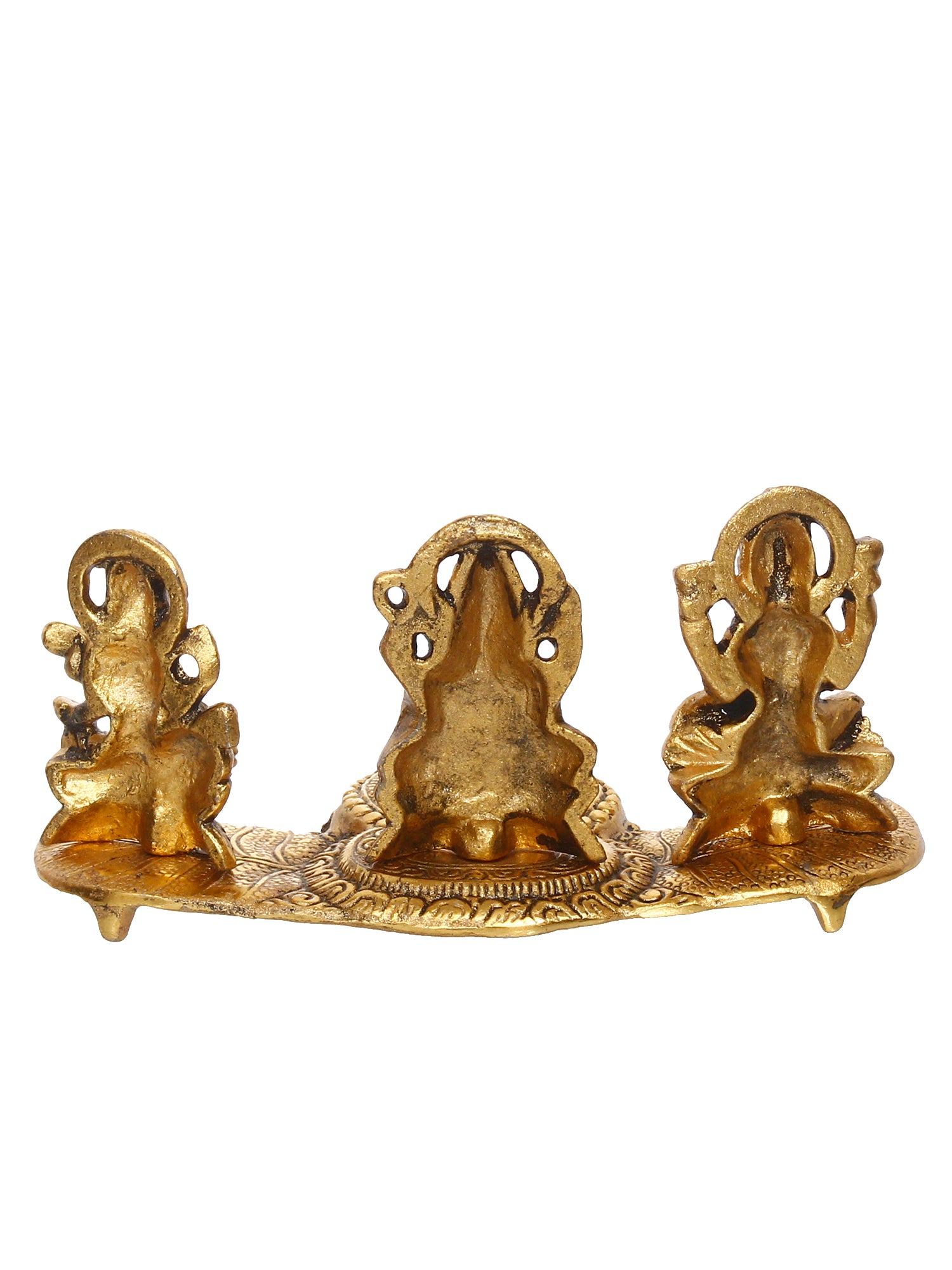 Gold Metal Handcrafted Laxmi Ganesha Saraswati Idols with Diya on Leaf Chowki 5
