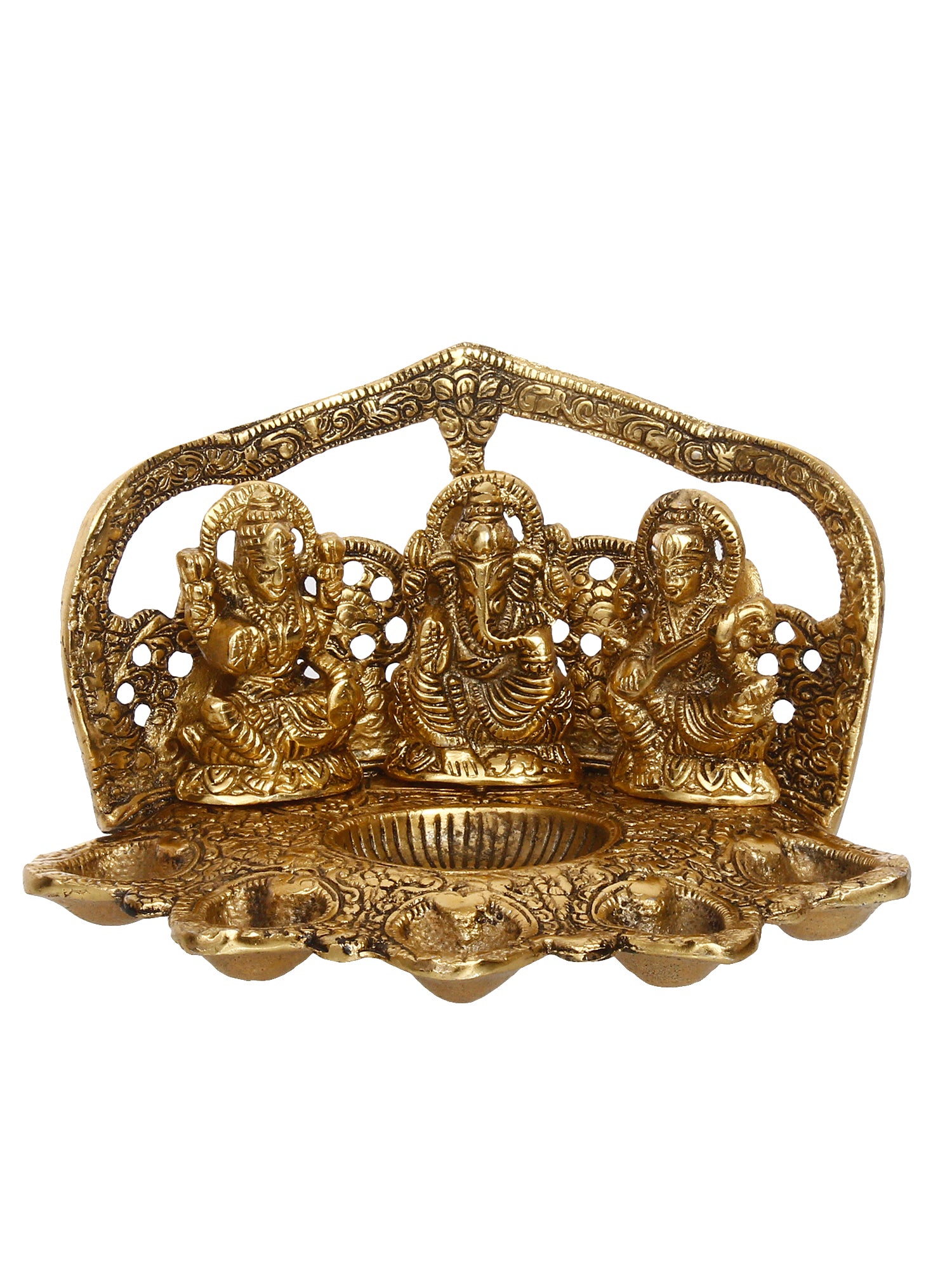 Golden Metal Handcrafted Laxmi Ganesha Saraswati Idols with Diya for 6 Wicks 2