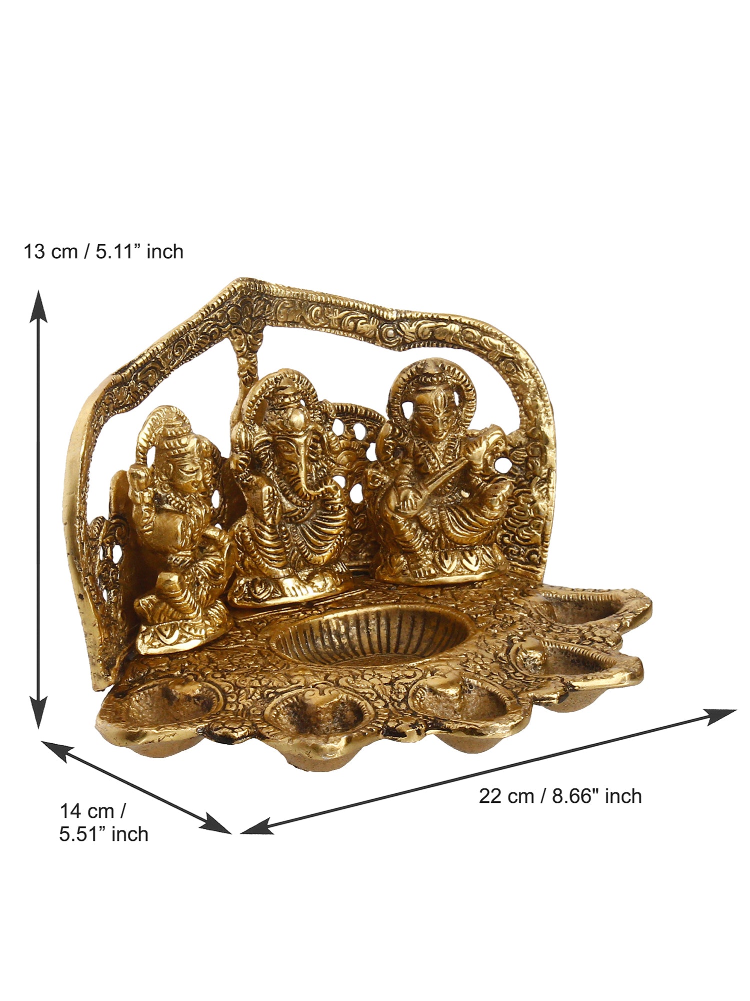 Golden Metal Handcrafted Laxmi Ganesha Saraswati Idols with Diya for 6 Wicks 3