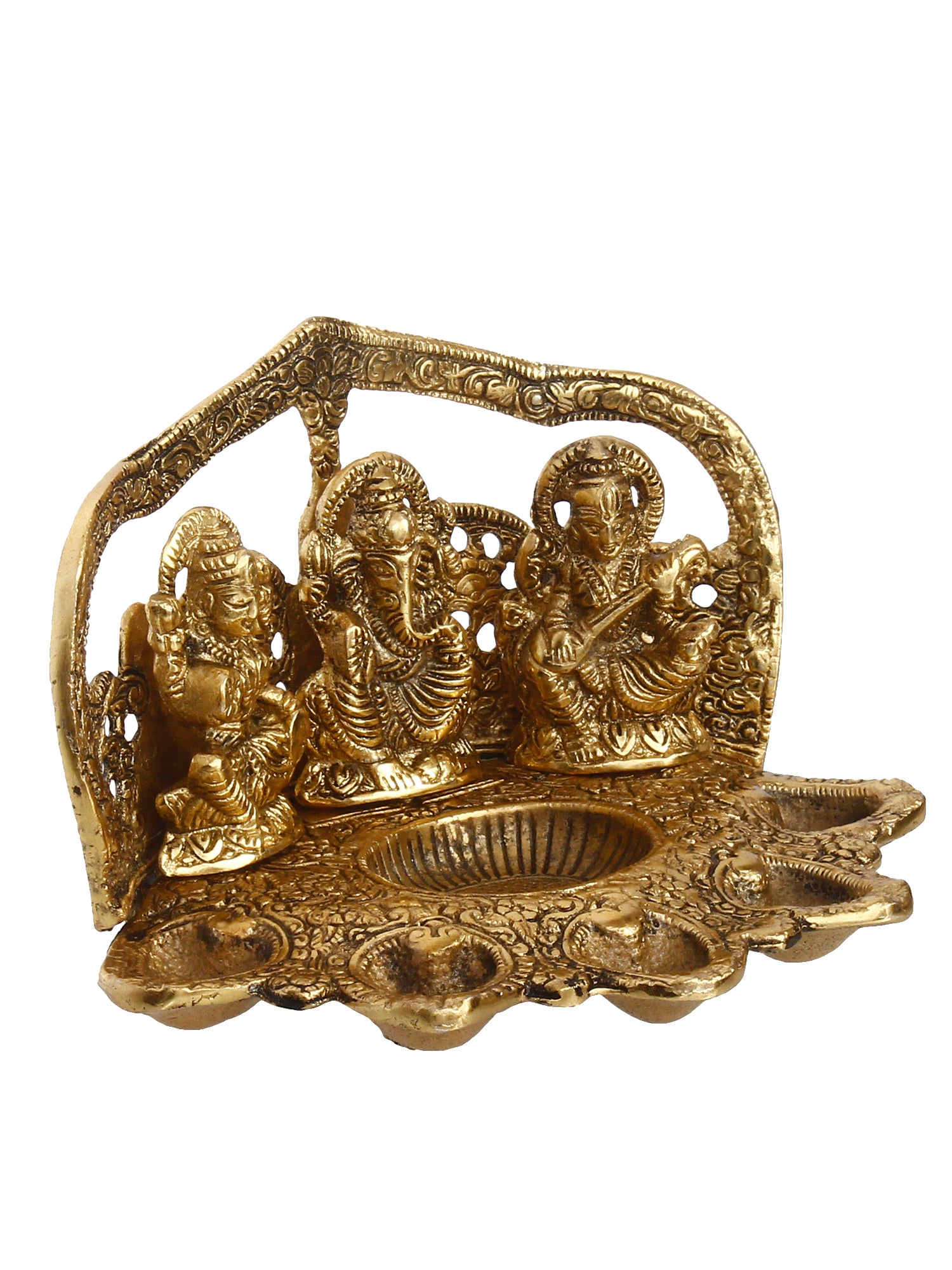 Golden Metal Handcrafted Laxmi Ganesha Saraswati Idols with Diya for 6 Wicks 4