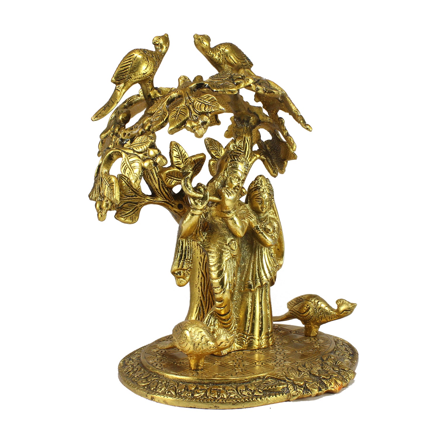 Golden Metal Radha Krishna Statue Standing under Tree 3