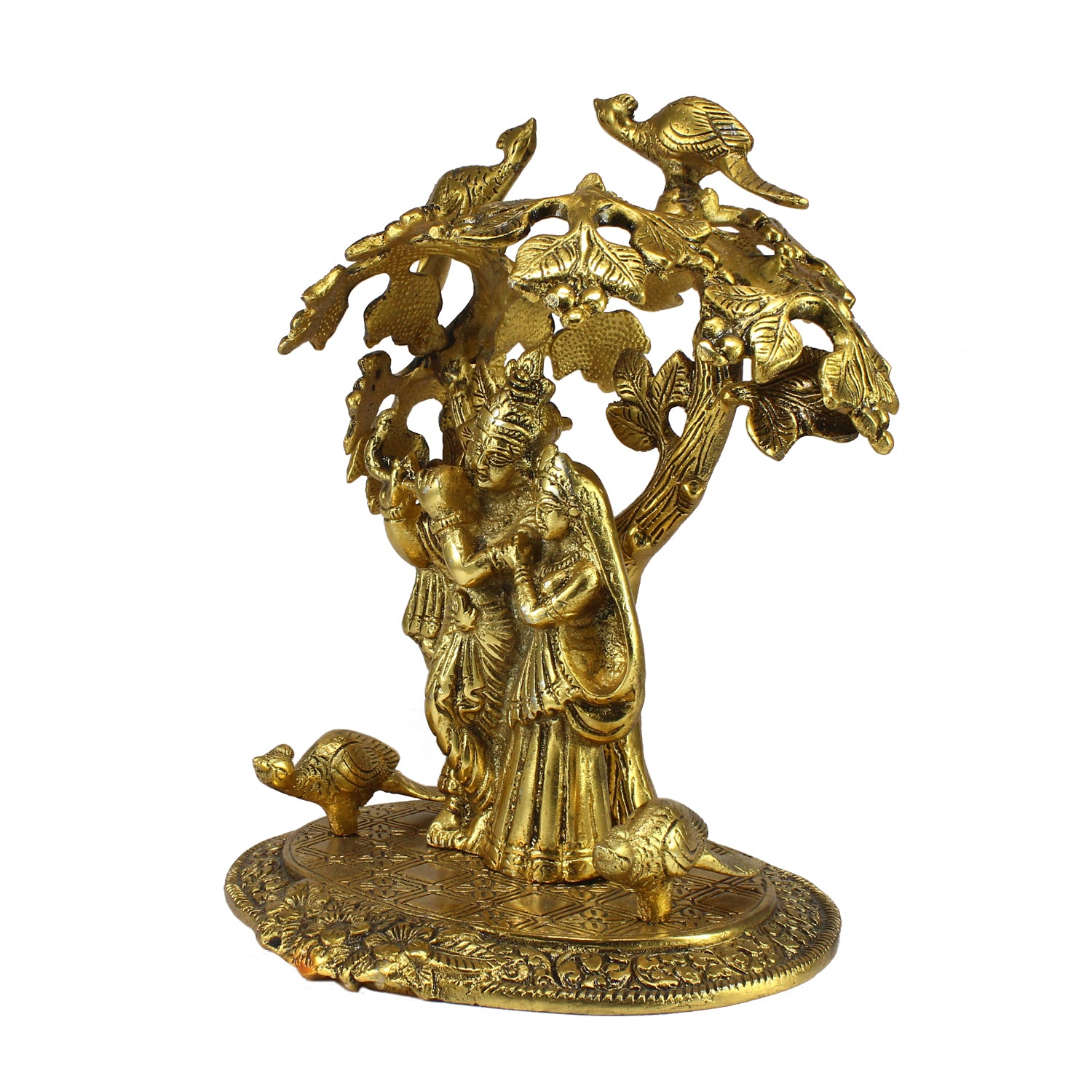 Golden Metal Radha Krishna Statue Standing under Tree 4
