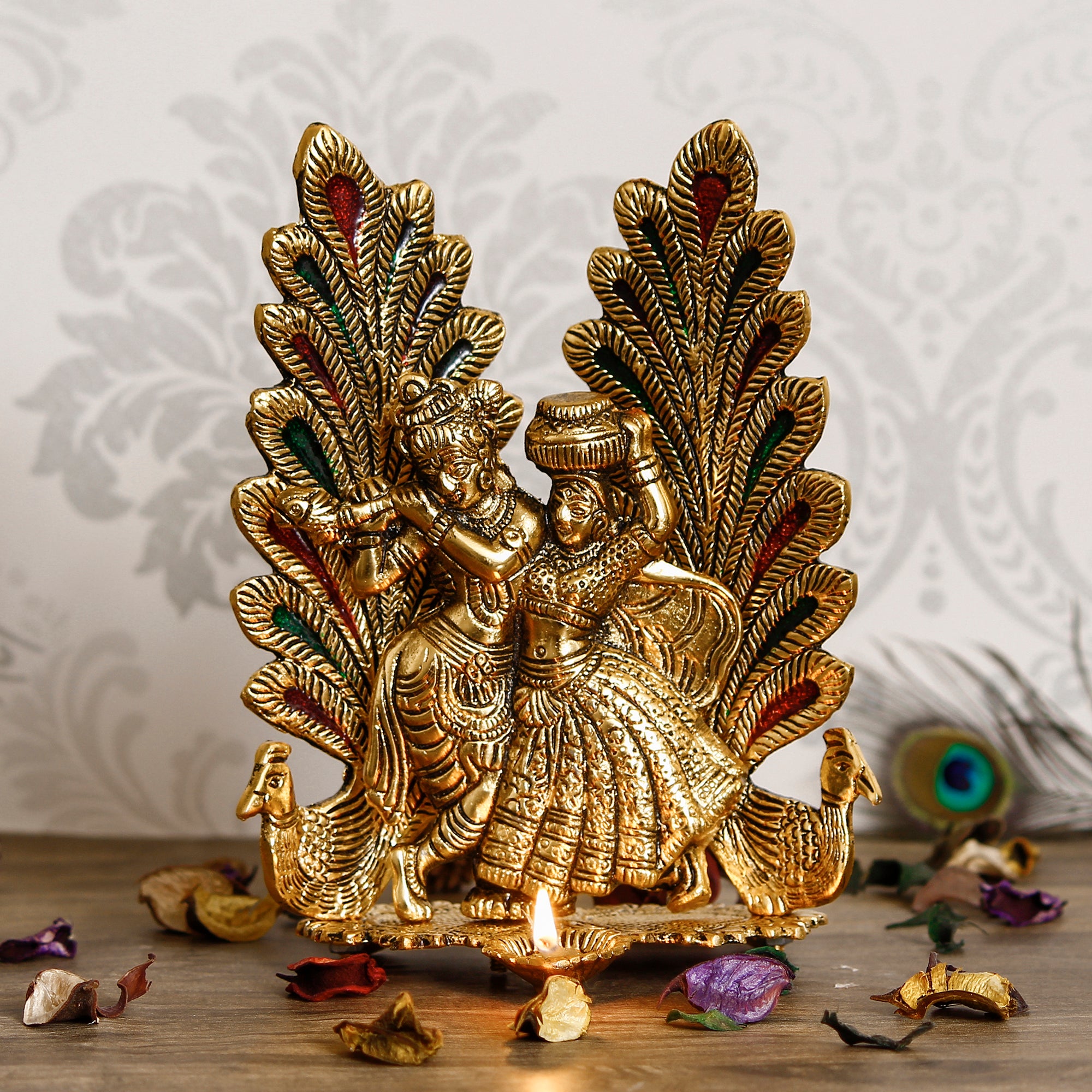 Decorative Golden Metal Radha Krishna Idol with Diya