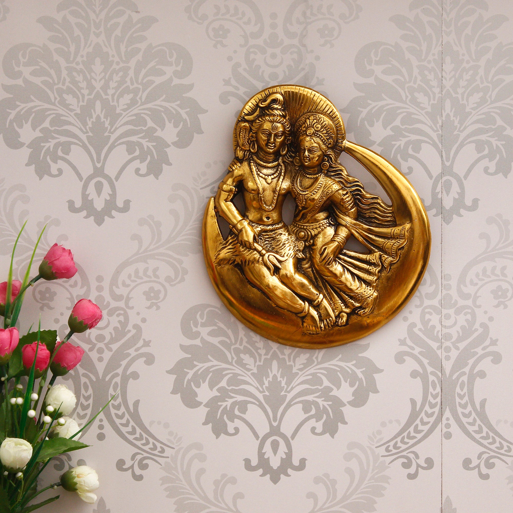 Golden Metal Shiva Parvati Idol Decorative Wall Hanging Art