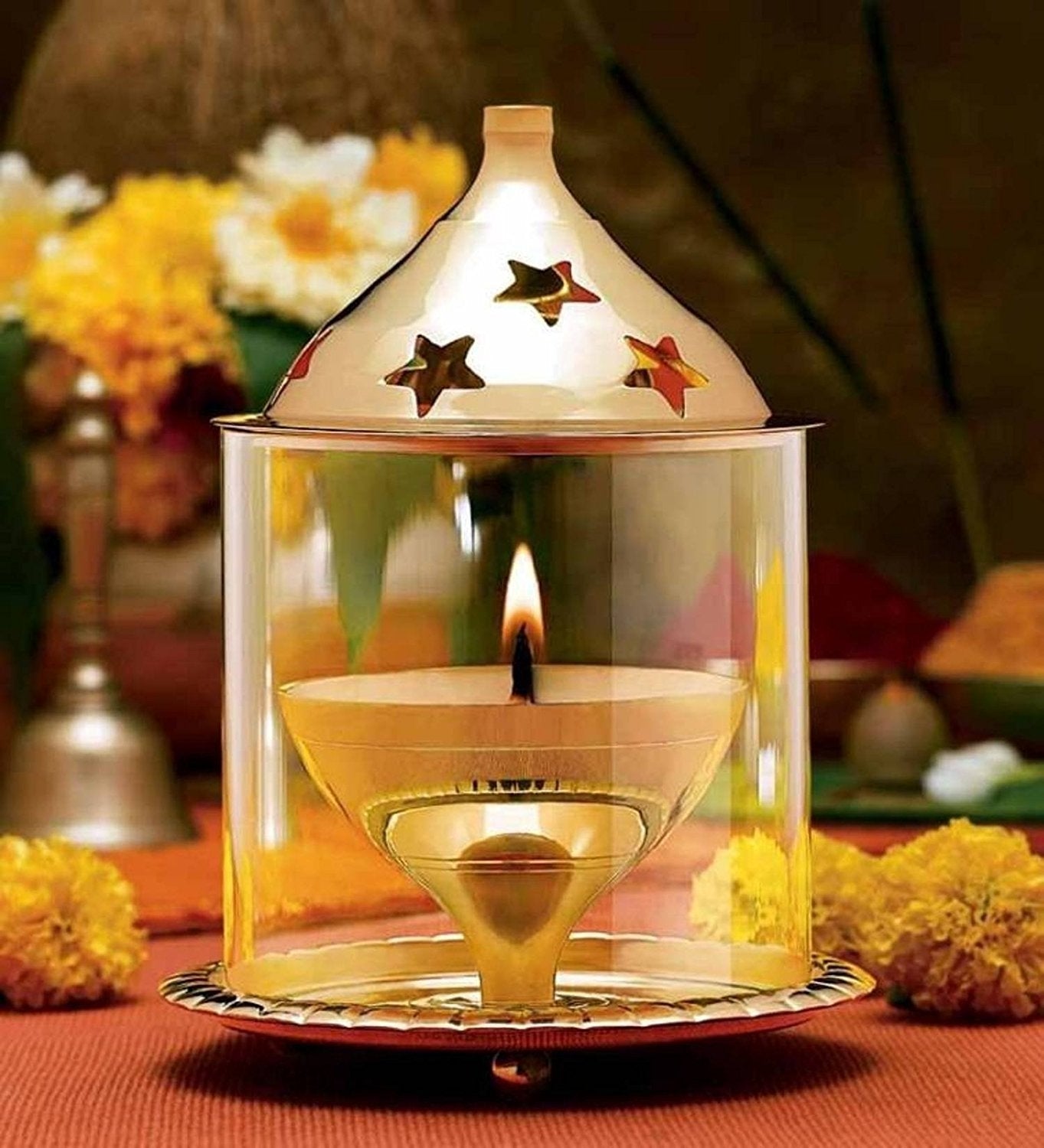 Gold Brass Akhand Diya With Glass Cover