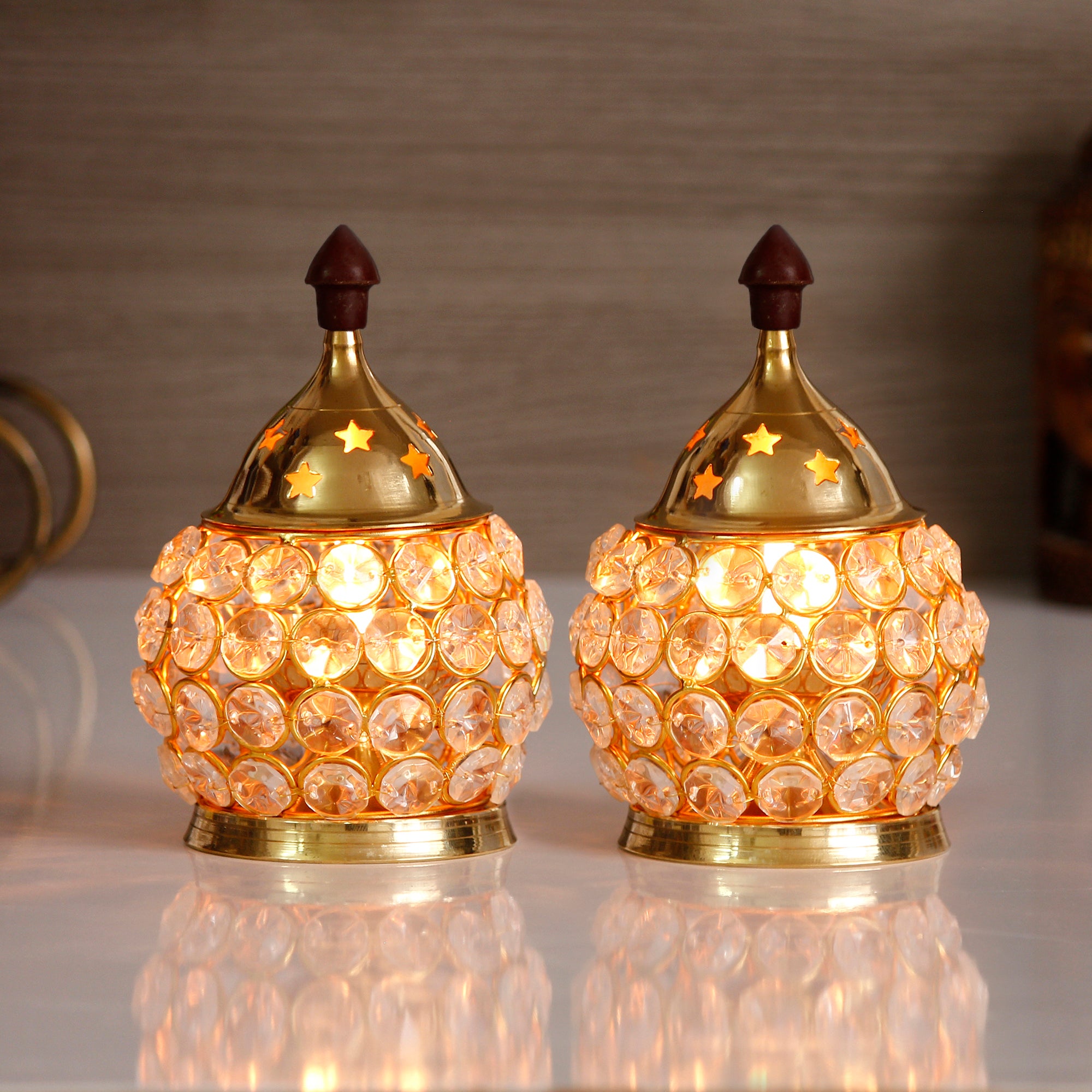 Golden Crystal and Brass Akhand Diya Set of 2