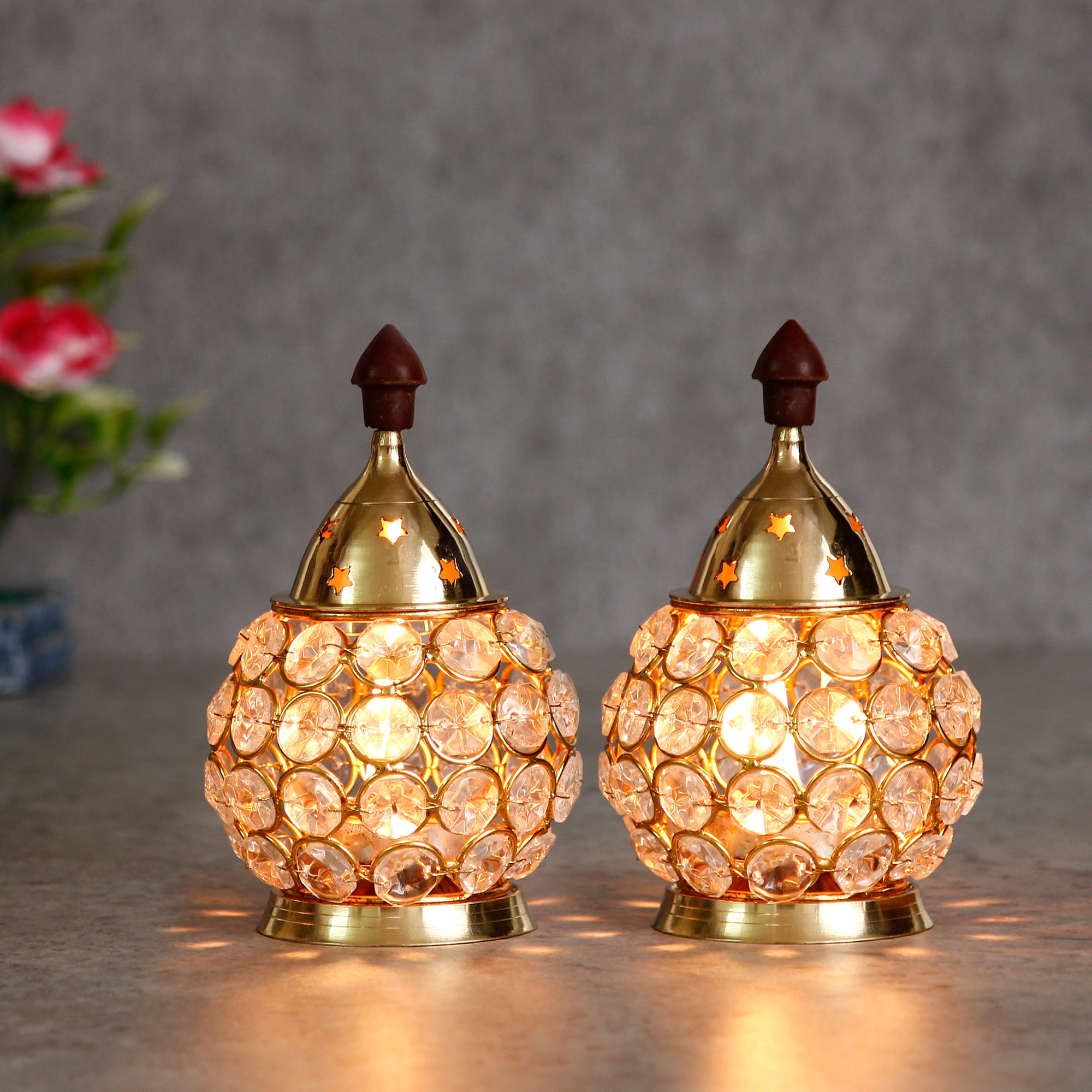 Golden Crystal and Brass Akhand Diya Set of 2 1