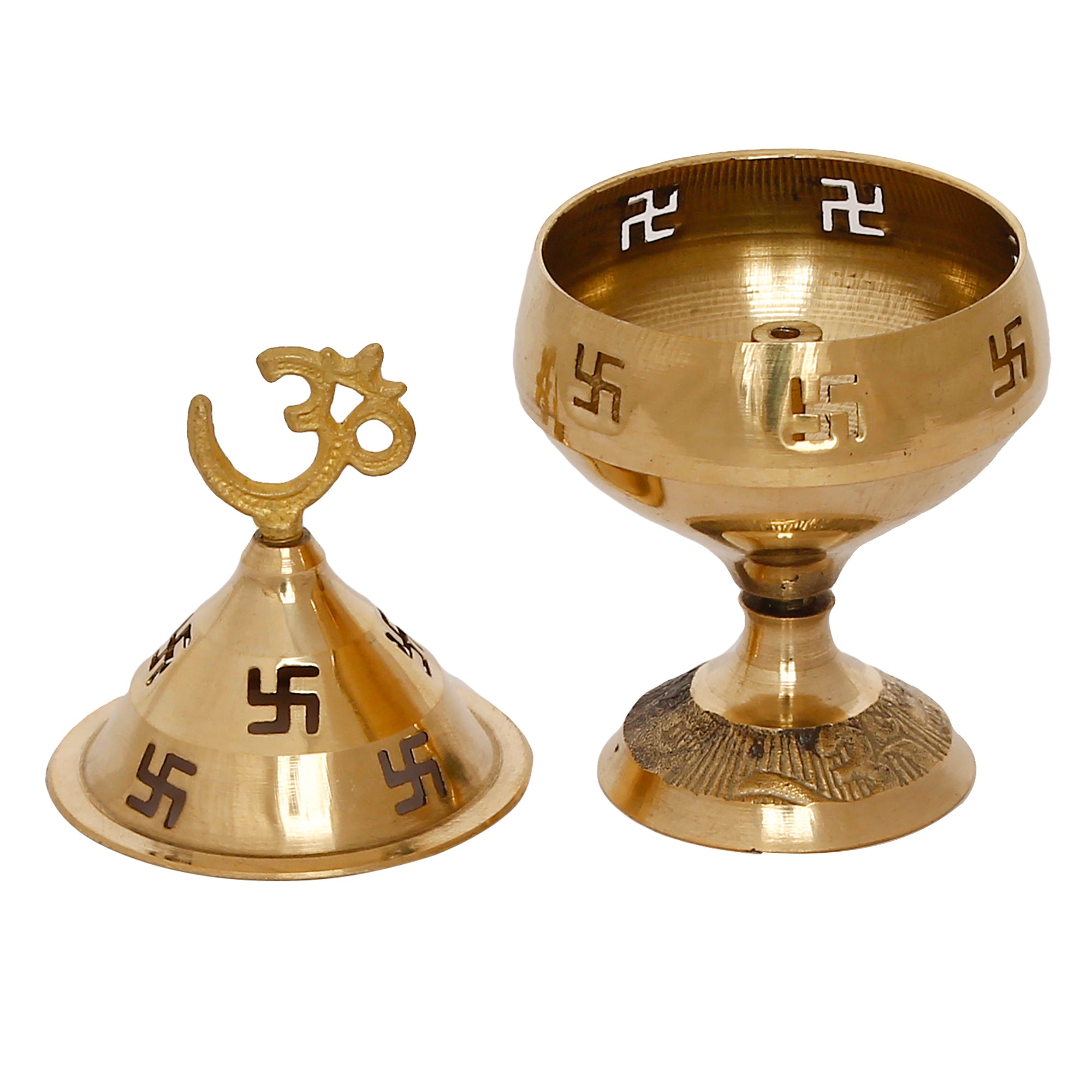 Golden Om and Swastik Brass Diya Set of 2 5