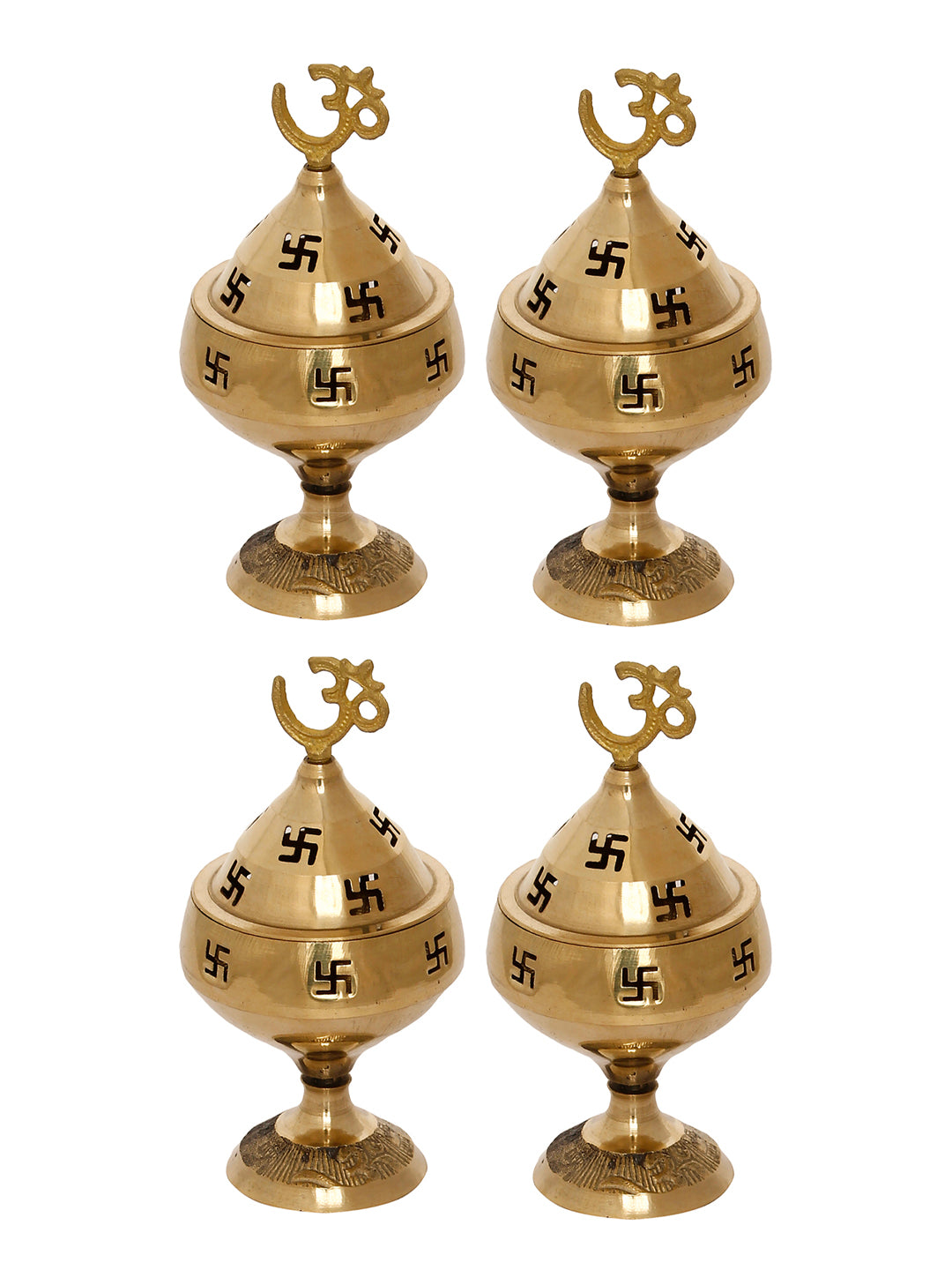 eCraftIndia Golden Om and Swastik Symbol Decorative Akhand Brass Diyas (Set of 4)