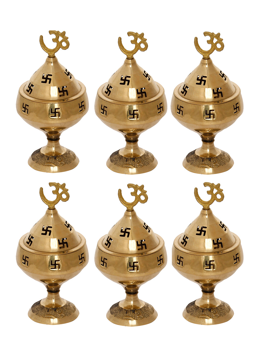 eCraftIndia Golden Om and Swastik Symbol Decorative Akhand Brass Diyas (Set of 6)
