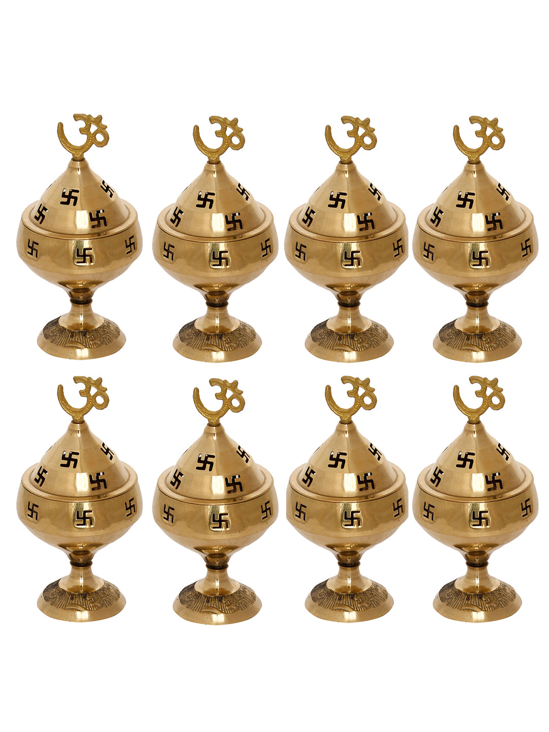 eCraftIndia Golden Om and Swastik Symbol Decorative Akhand Brass Diyas (Set of 8)