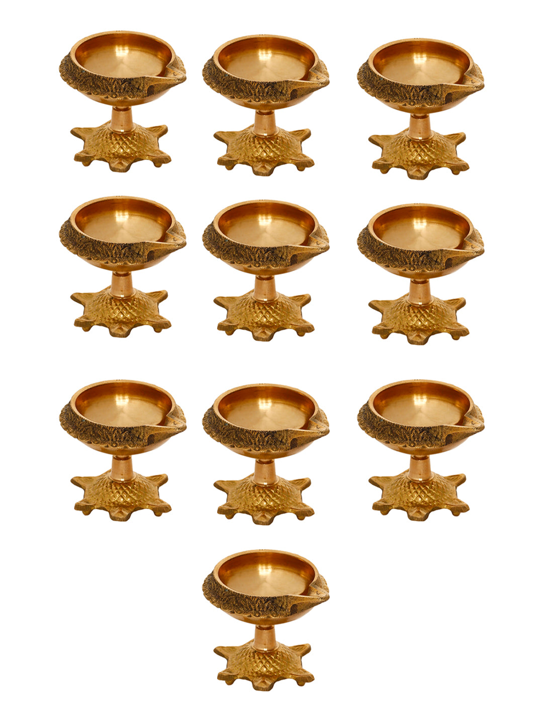 eCraftIndia Set Of 10 Golden Handcrafted Decorative Brass Diyas with Tortoise Base