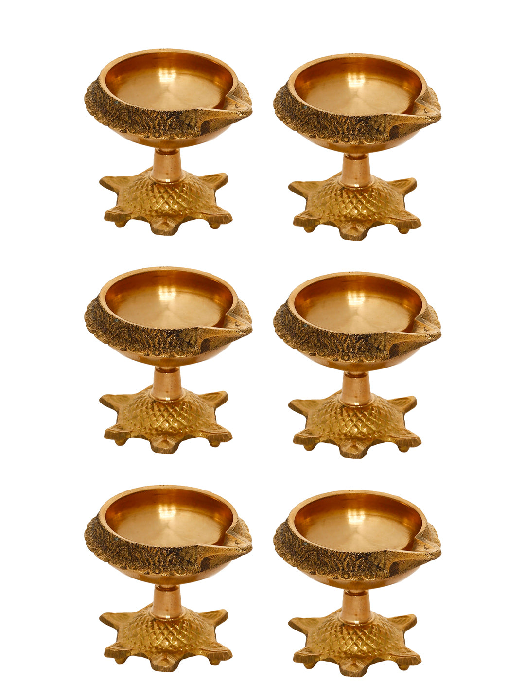 eCraftIndia Set Of 6 Golden Handcrafted Decorative Brass Diyas with Tortoise Base