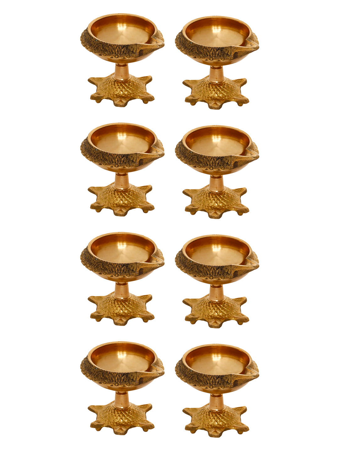 eCraftIndia Set Of 8 Golden Handcrafted Decorative Brass Diyas with Tortoise Base