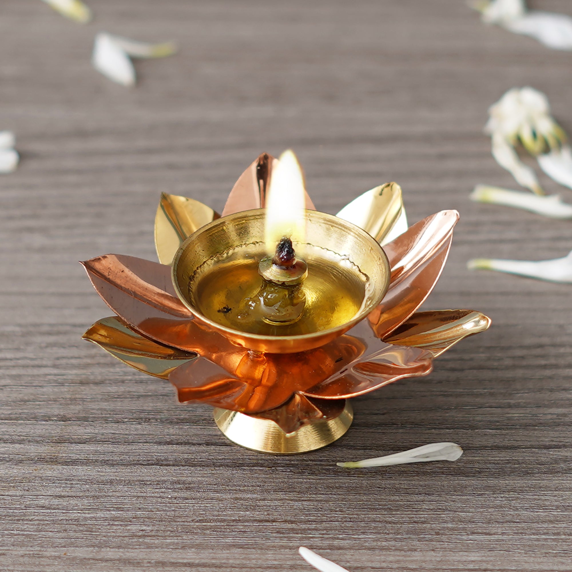 eCraftIndia Copper and Golden Lotus Flower Shape Decorative Brass Diya 1