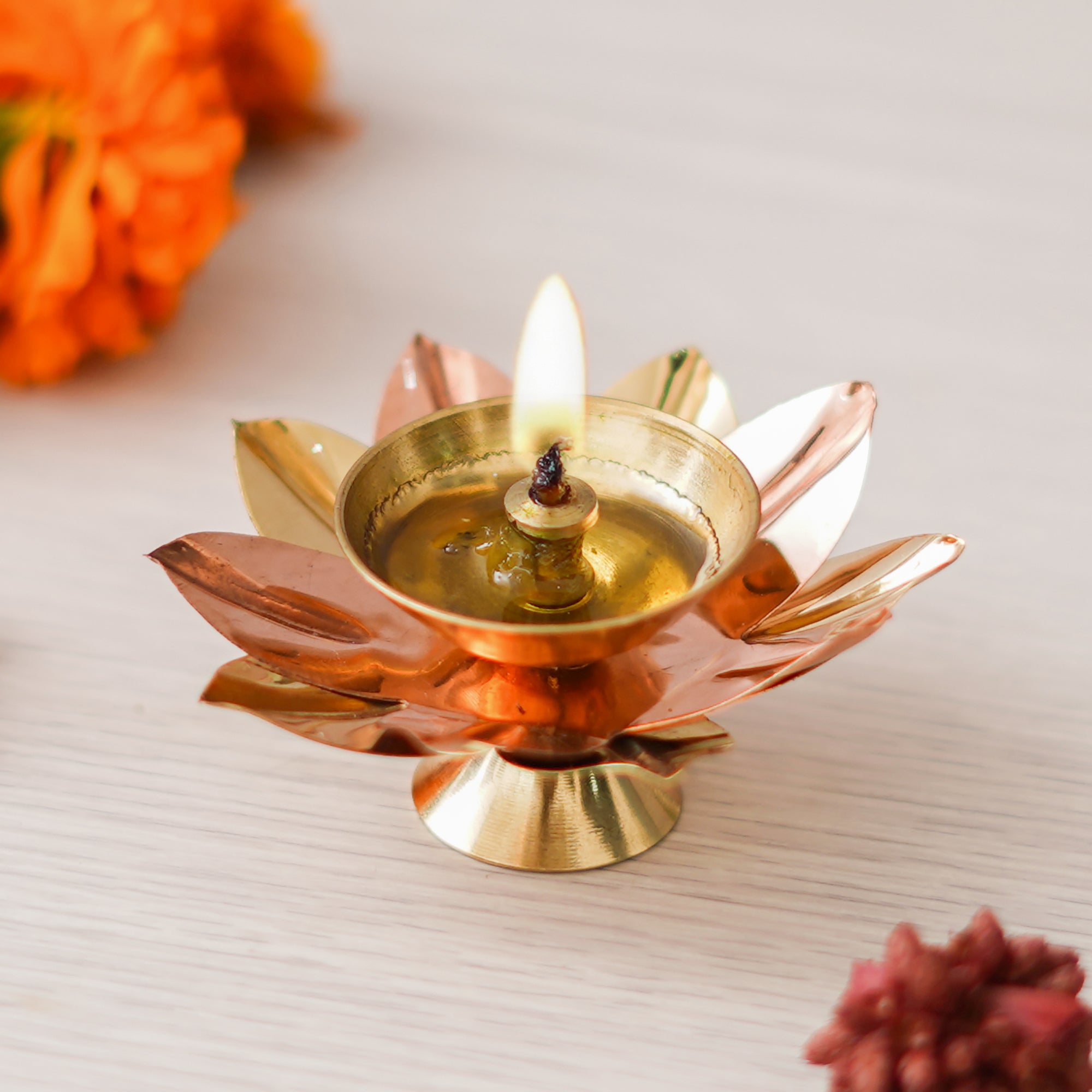 eCraftIndia Copper and Golden Lotus Flower Shape Decorative Brass Diya