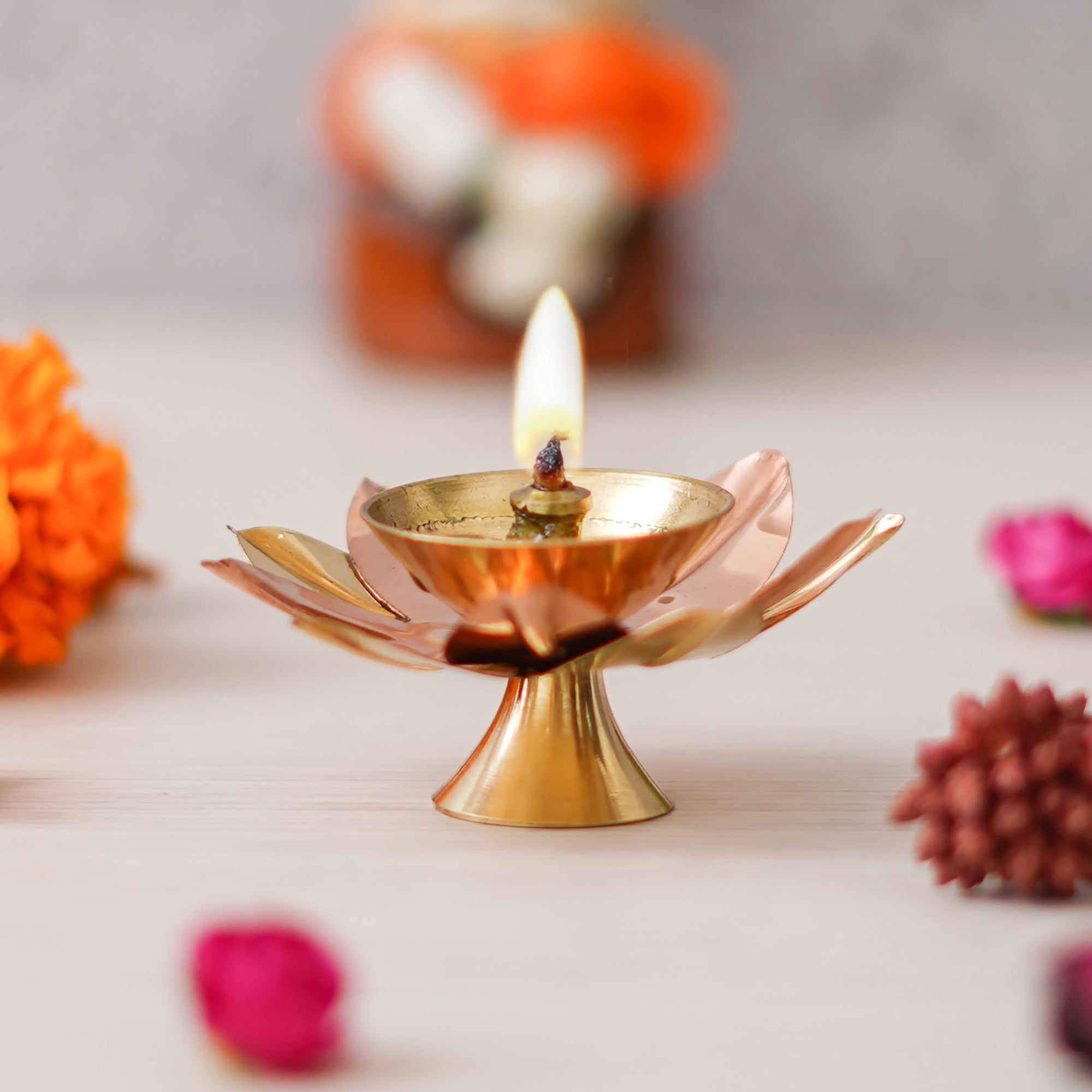 eCraftIndia Copper and Golden Lotus Flower Shape Decorative Brass Diya 4