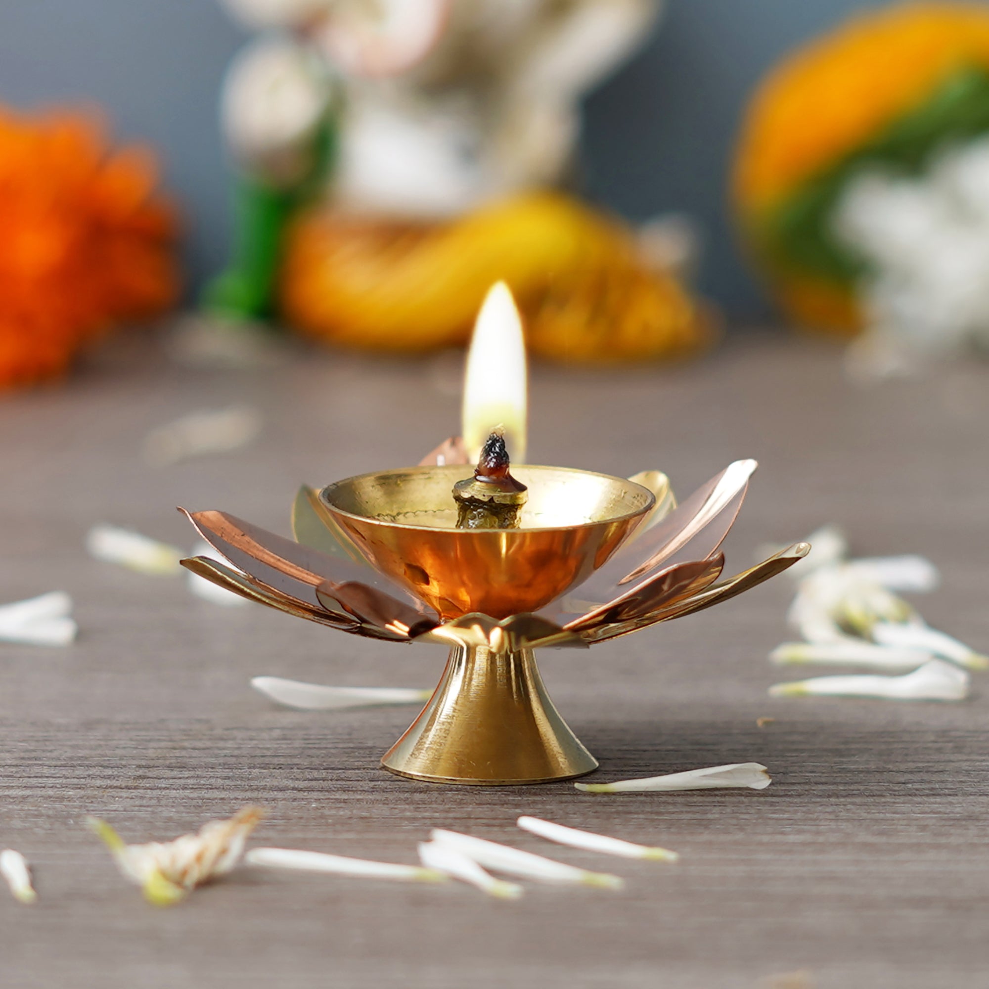 eCraftIndia Copper and Golden Lotus Flower Shape Decorative Brass Diya 5