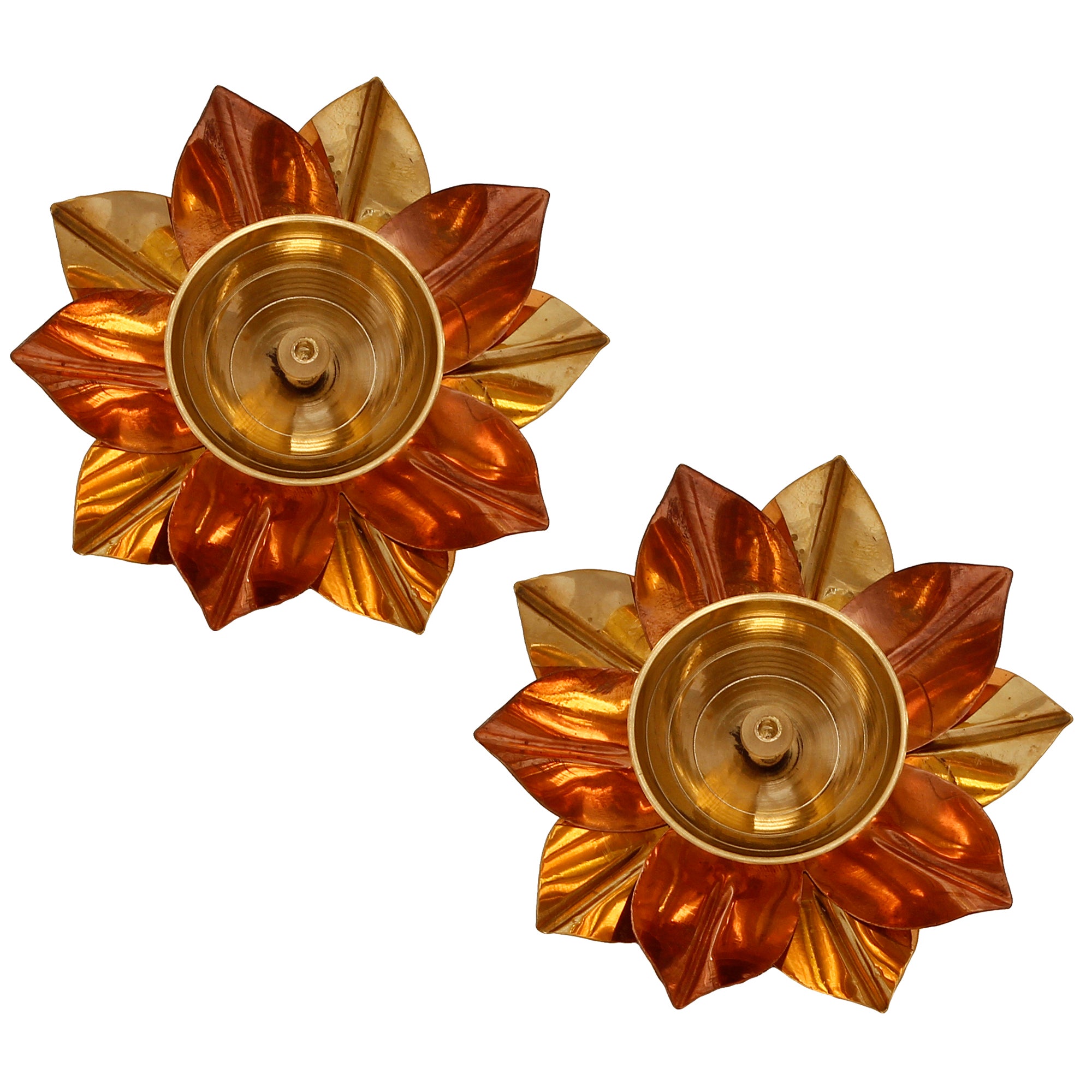 Golden Lotus Floral Shape Decorative Metal Diyas Set of 2 4