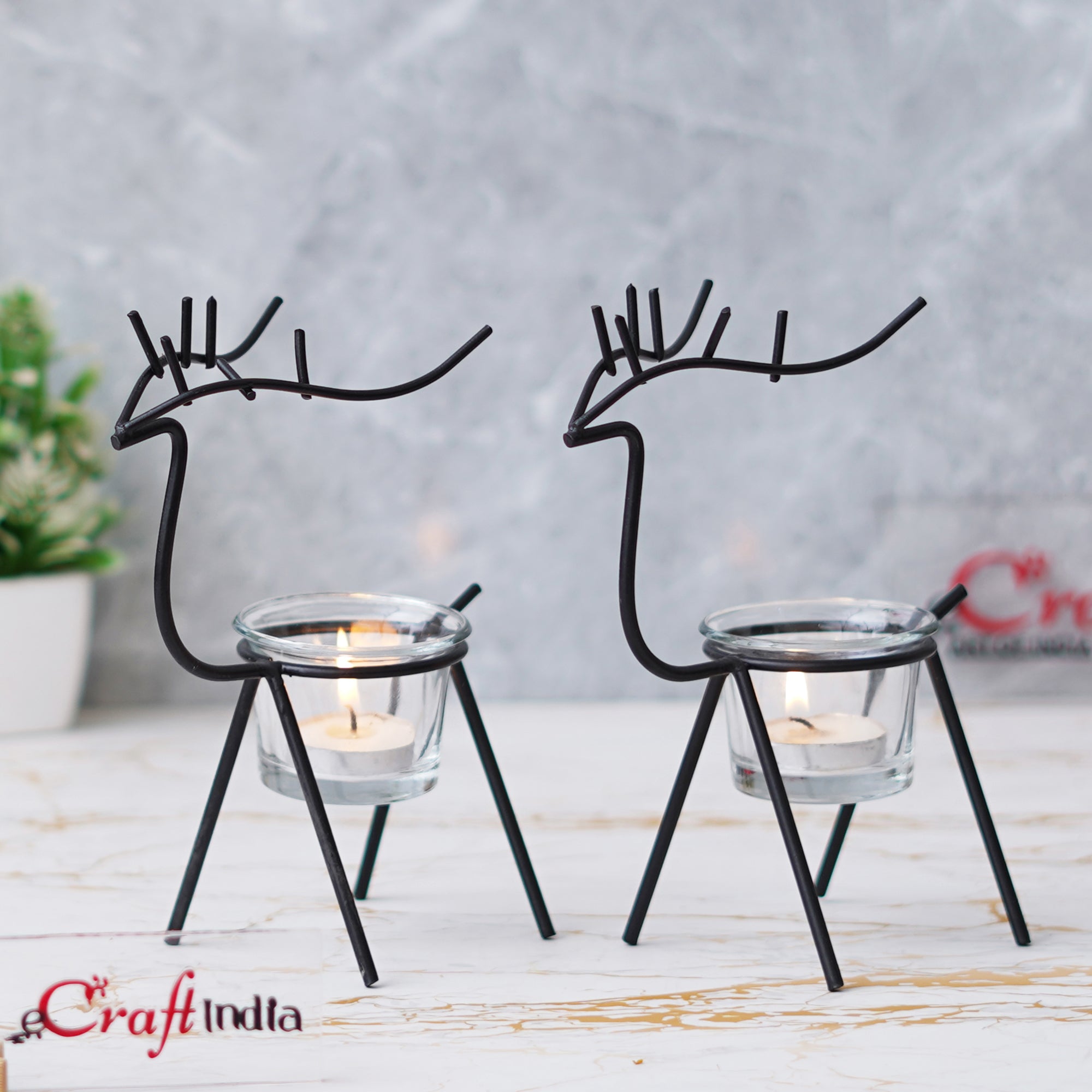 eCraftIndia Set of 2 Black Metal Handcrafted Deer Shape Tea Light Candle Holders