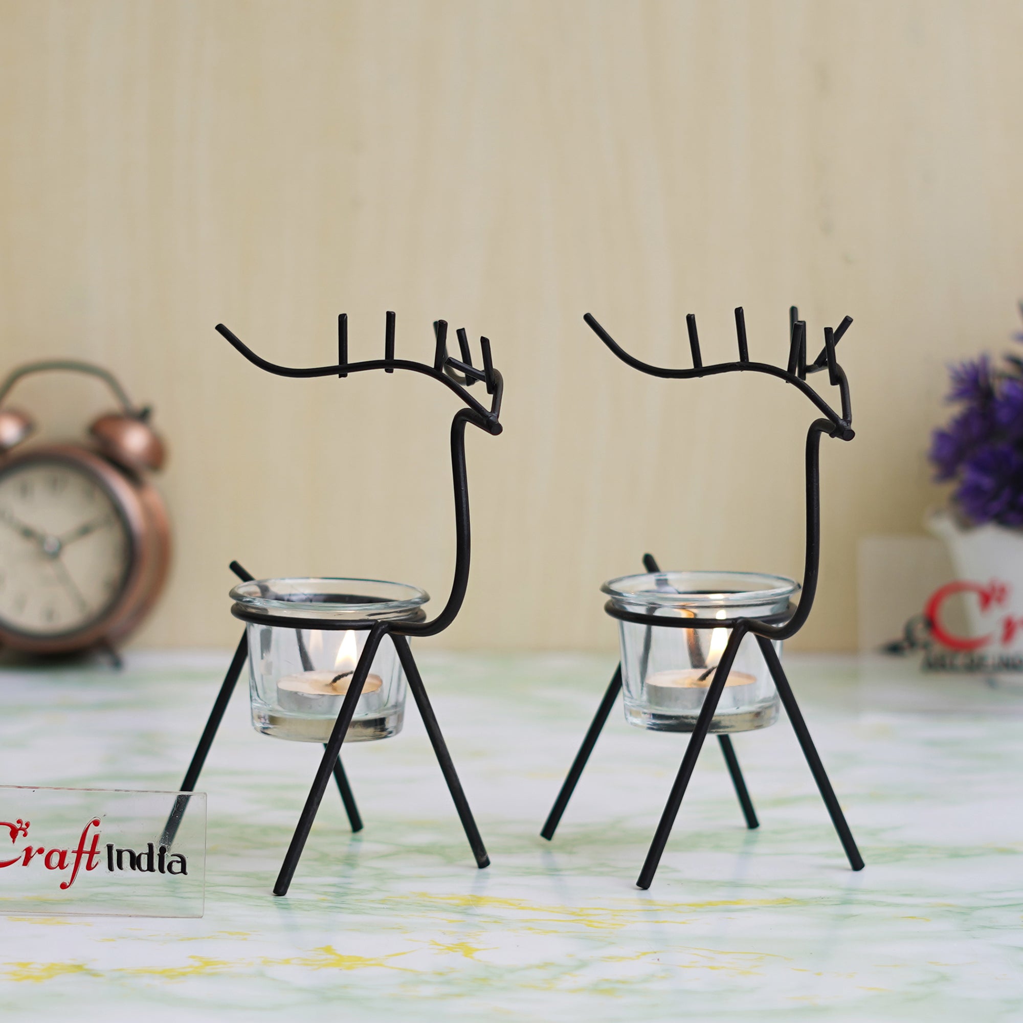 eCraftIndia Set of 2 Black Metal Handcrafted Deer Shape Tea Light Candle Holders 1