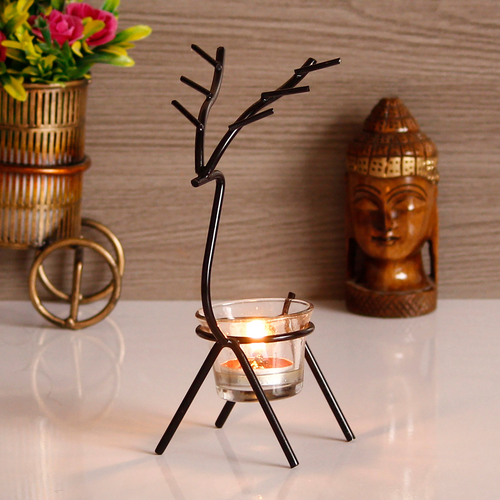 Black Metal Handcrafted Deer Shape Tea Light Candle Holder