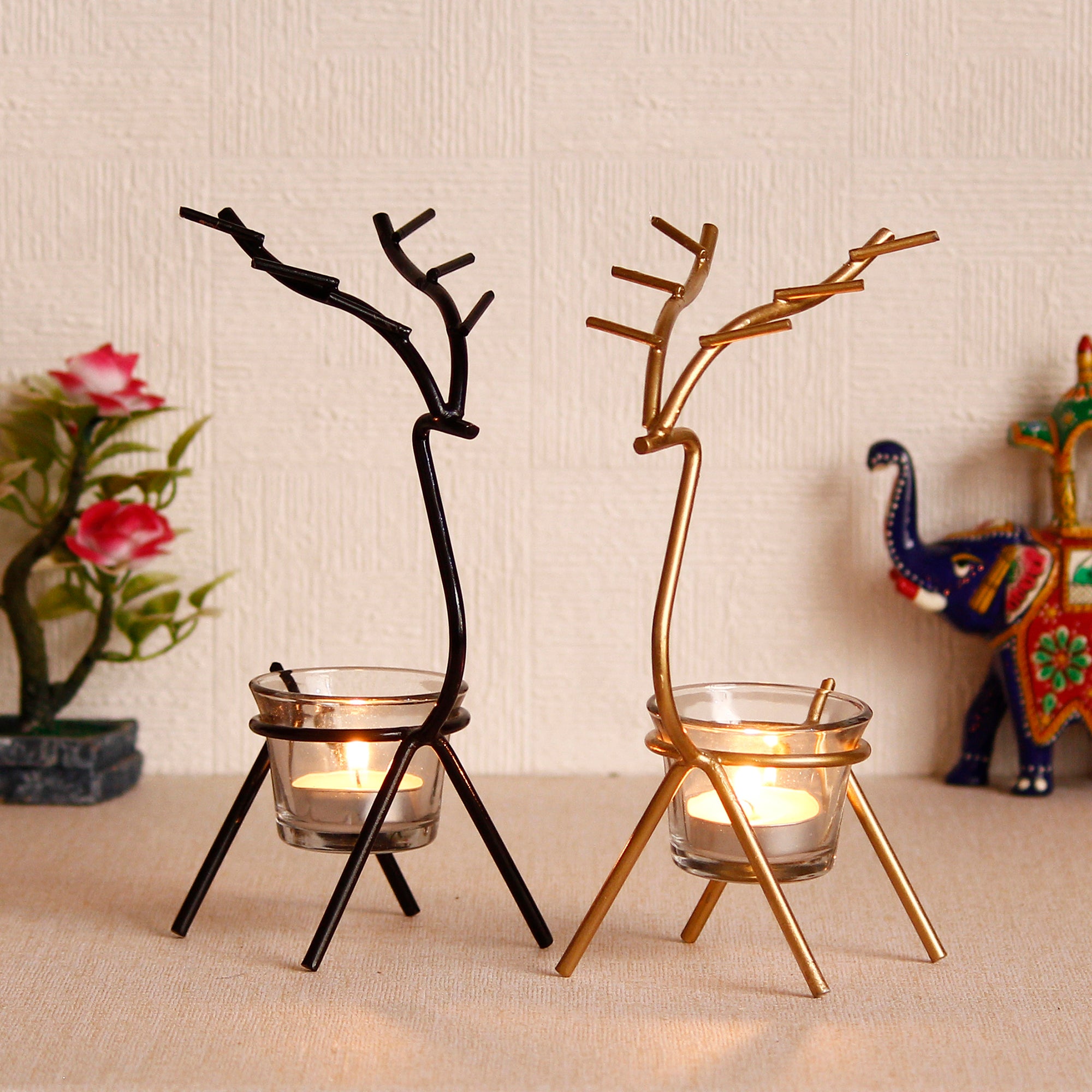 Black and Gold Set of 2 Deer Shape Decorative Handcrafted Metal tea light candle holder