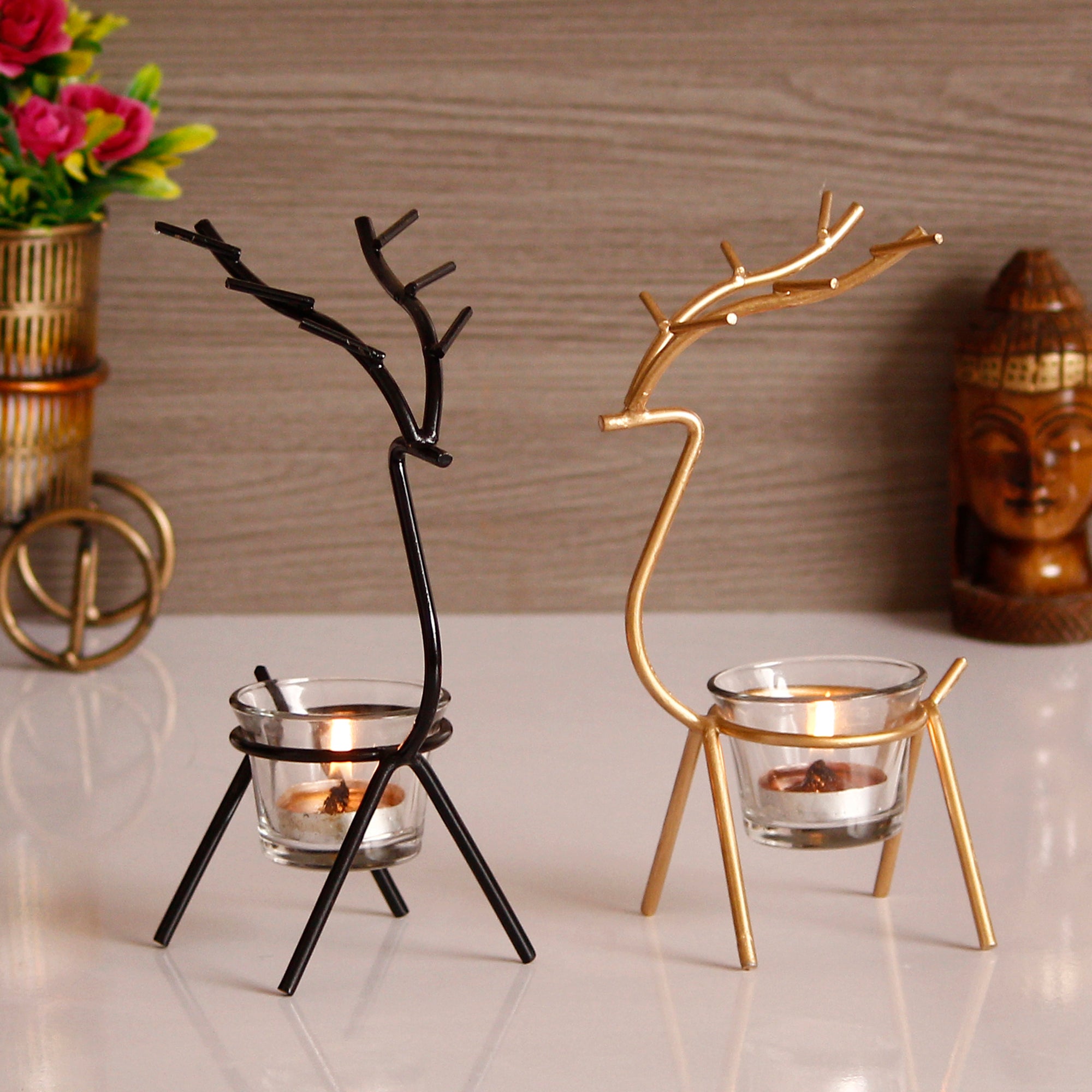 Black and Gold Set of 2 Deer Shape Decorative Handcrafted Metal tea light candle holder 1