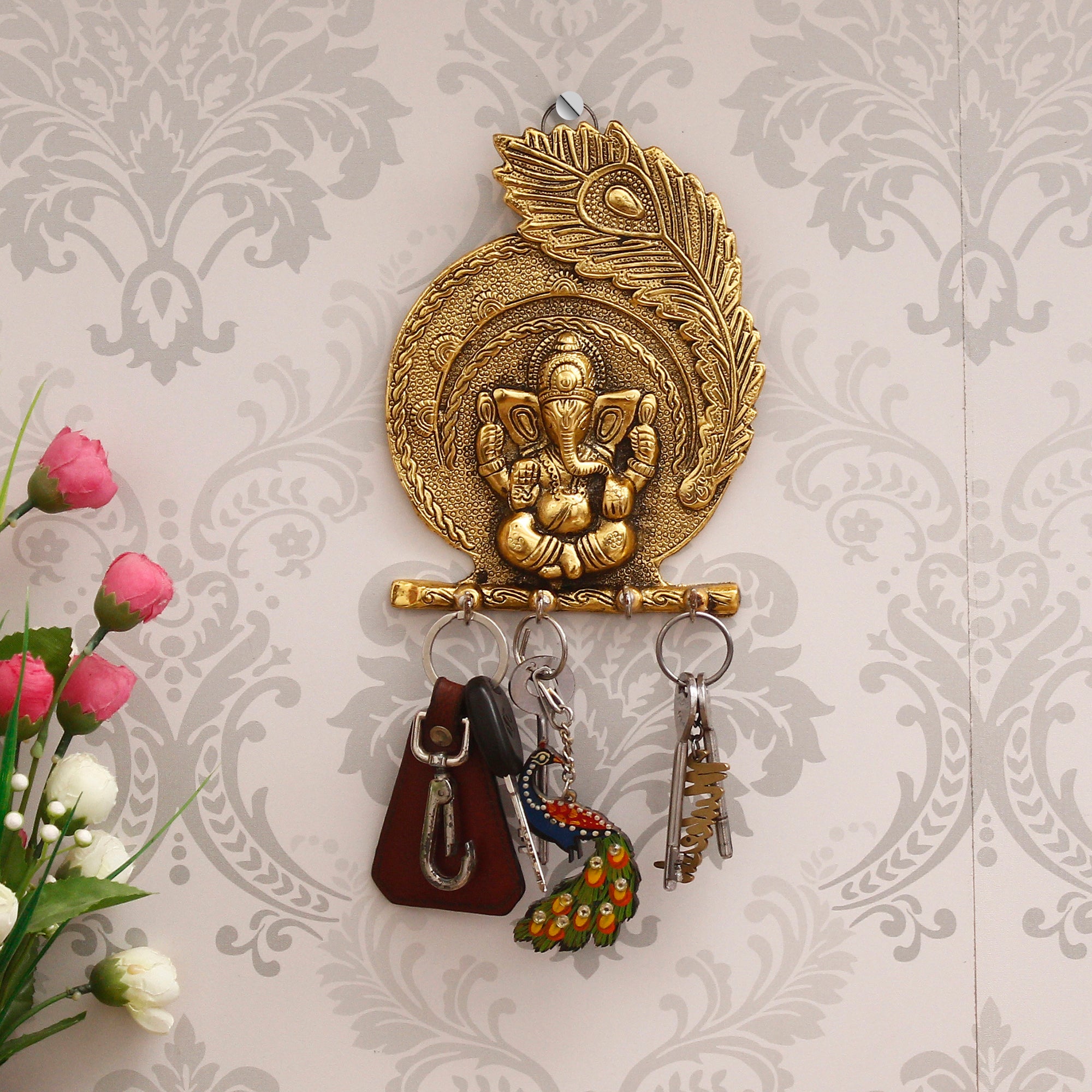 Golden Lord Ganesha Mor Pankh 4 Hooks Metal Key Holder