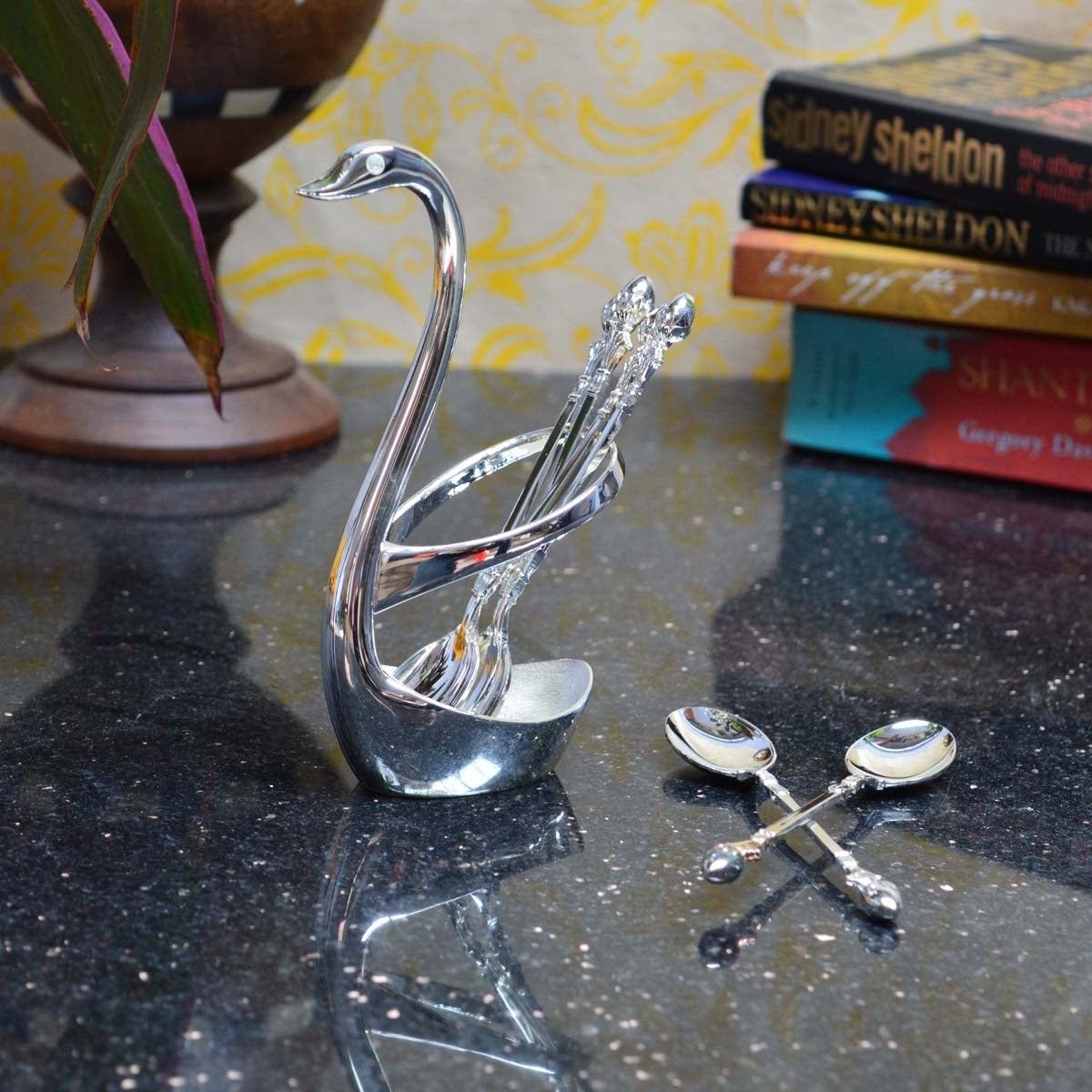 White Metal Swan Spoon Holder (Set of 4 Spoons)