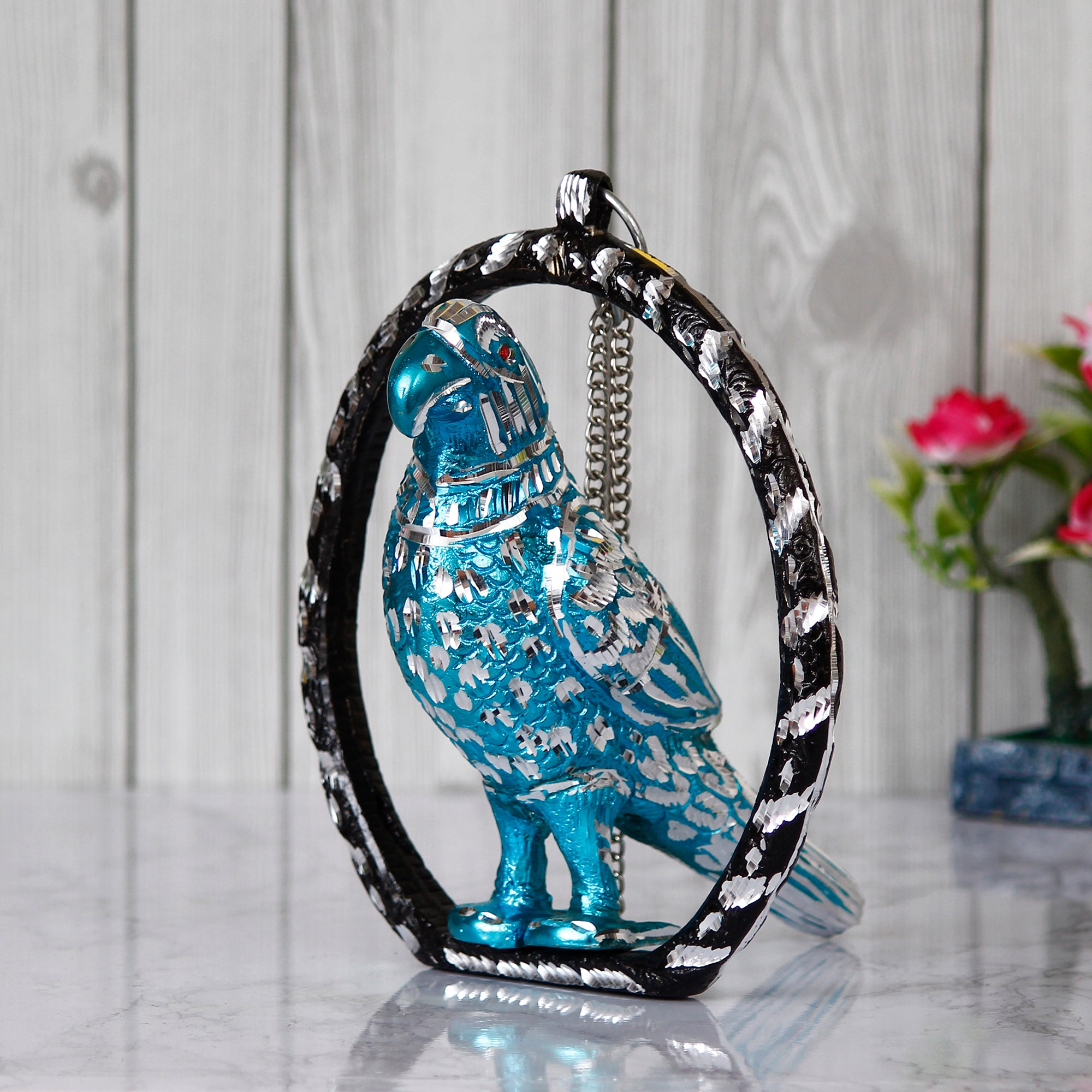 Metal Carved Blue Parrot Decorative Wall Hanging Showpiece with Chain