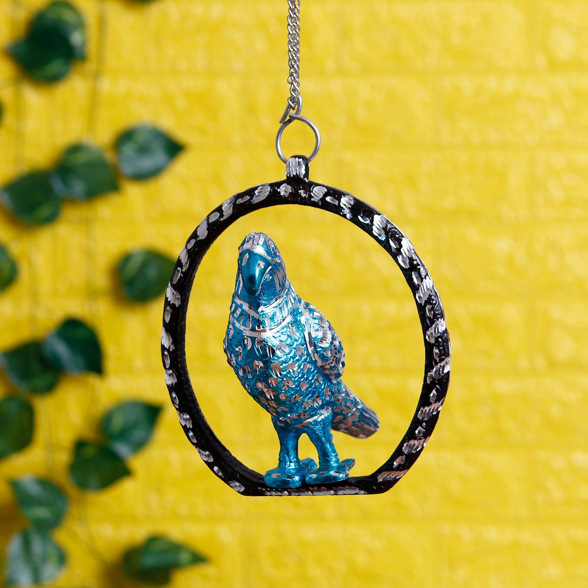 Metal Carved Blue Parrot Decorative Wall Hanging Showpiece with Chain 1
