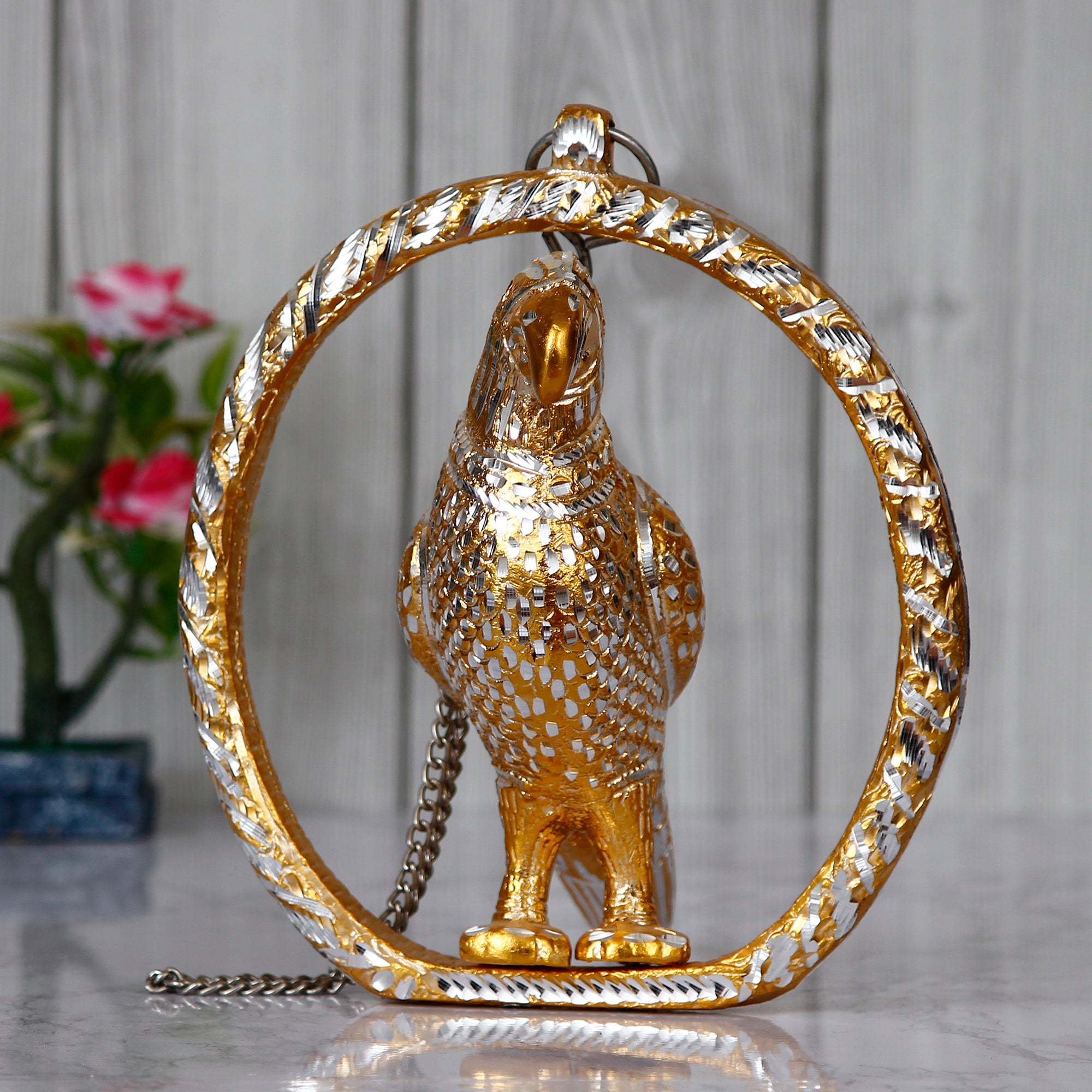 Metal Carved Golden Parrot Statue Decorative Wall Hanging Showpiece with Chain 1