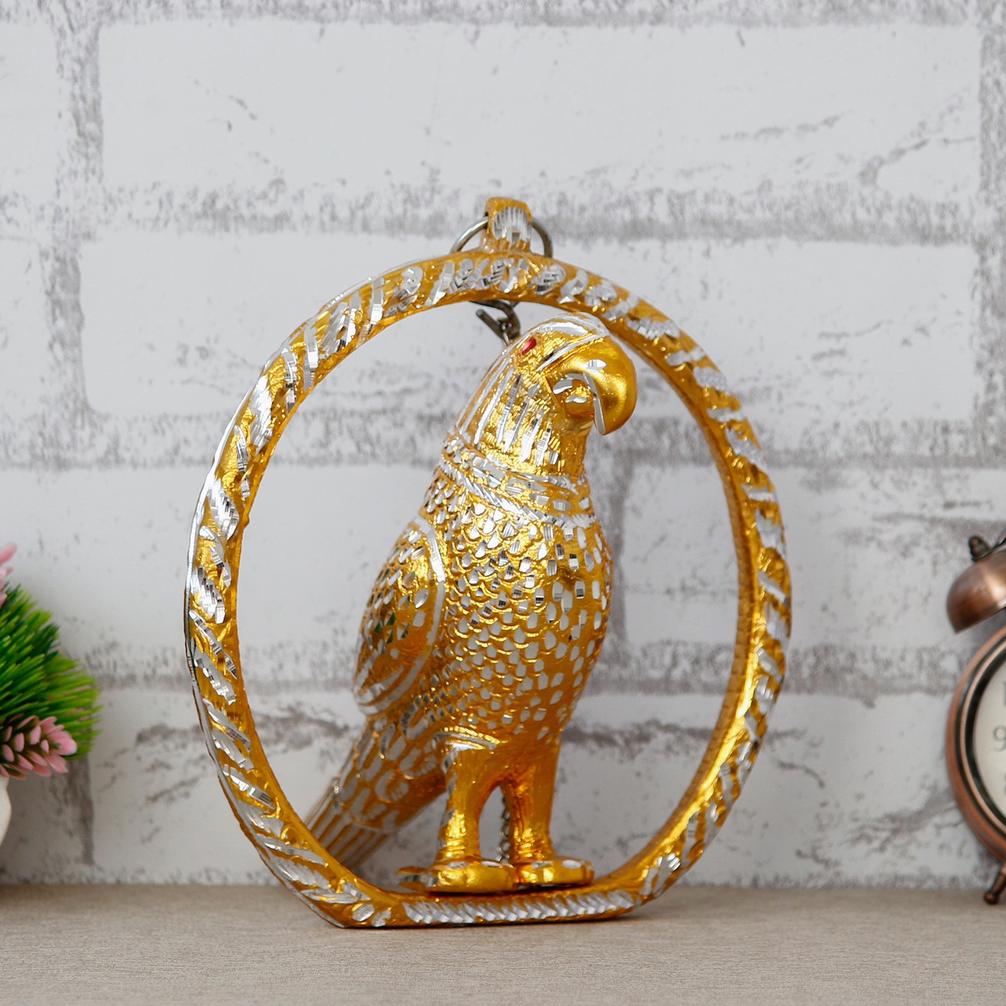 Metal Carved Golden Parrot Statue Decorative Wall Hanging Showpiece with Chain 3