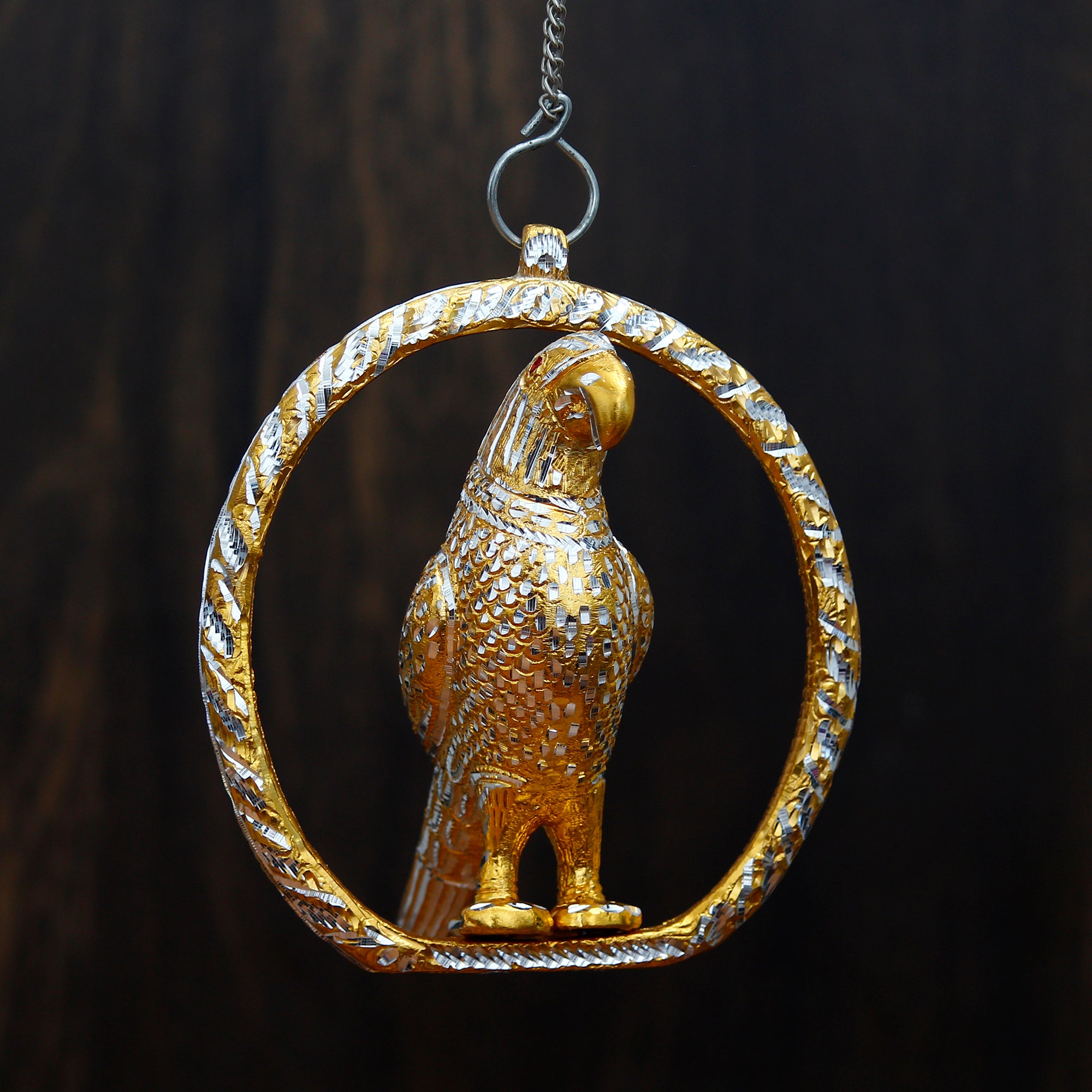 Metal Carved Golden Parrot Statue Decorative Wall Hanging Showpiece with Chain 4