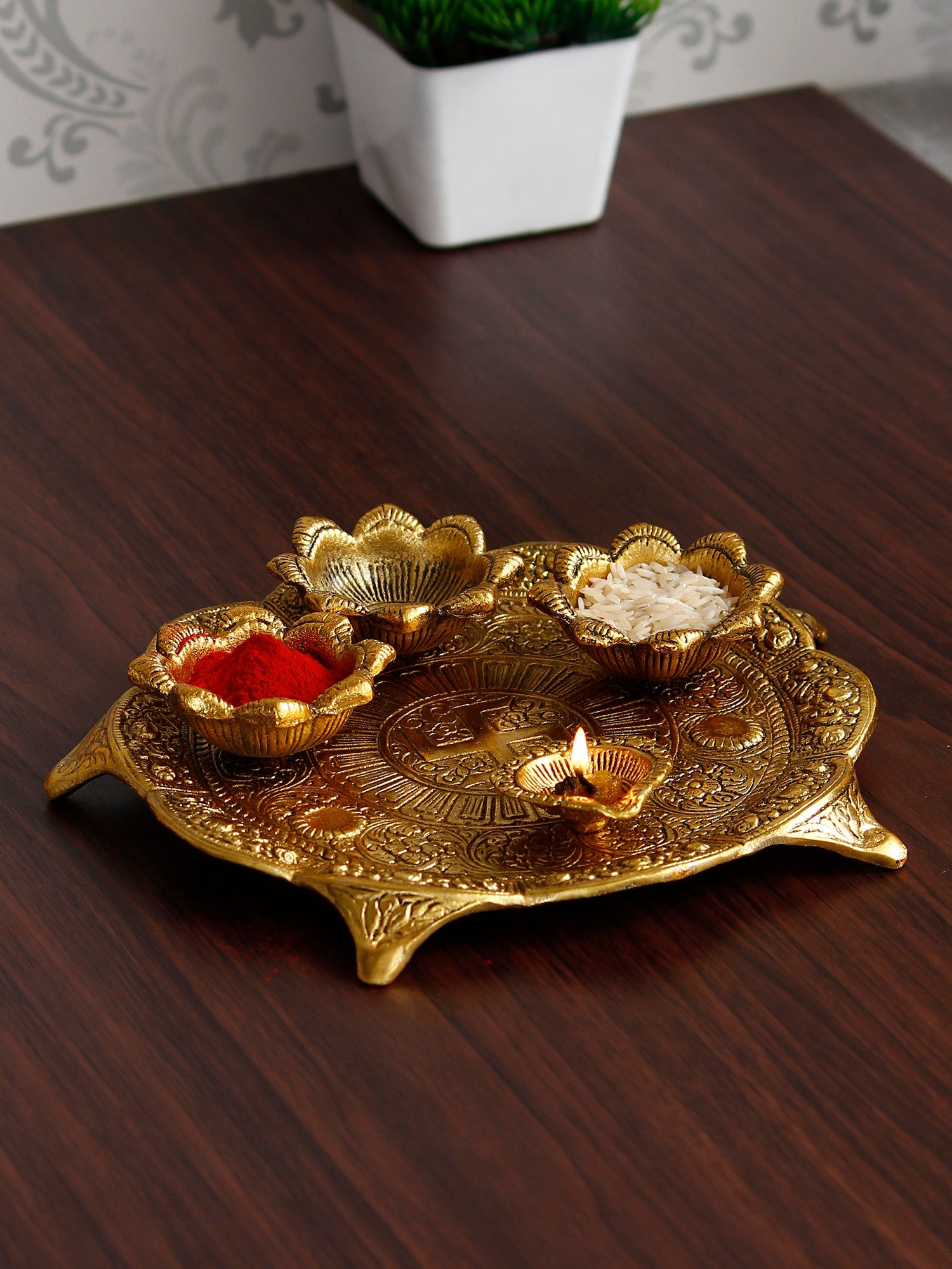 Swastik Design Golden Metal Pooja Thali with 3 Bowls and 1 Diya