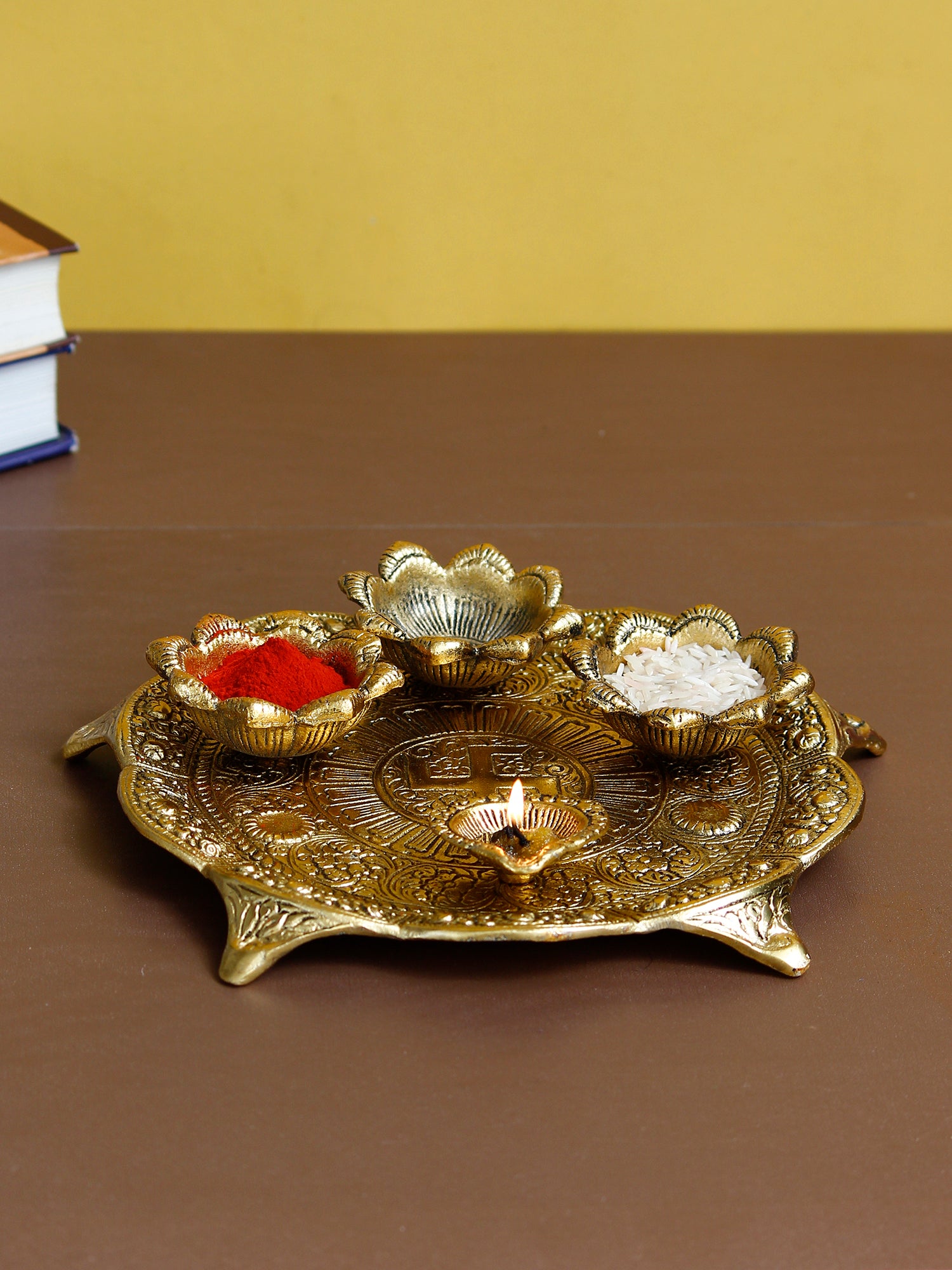 Swastik Design Golden Metal Pooja Thali with 3 Bowls and 1 Diya 1
