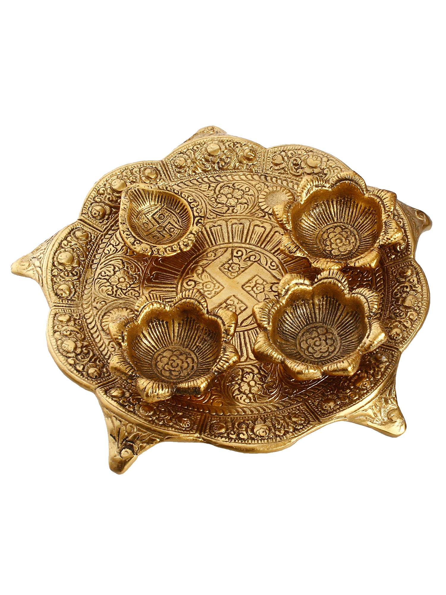Swastik Design Golden Metal Pooja Thali with 3 Bowls and 1 Diya 2