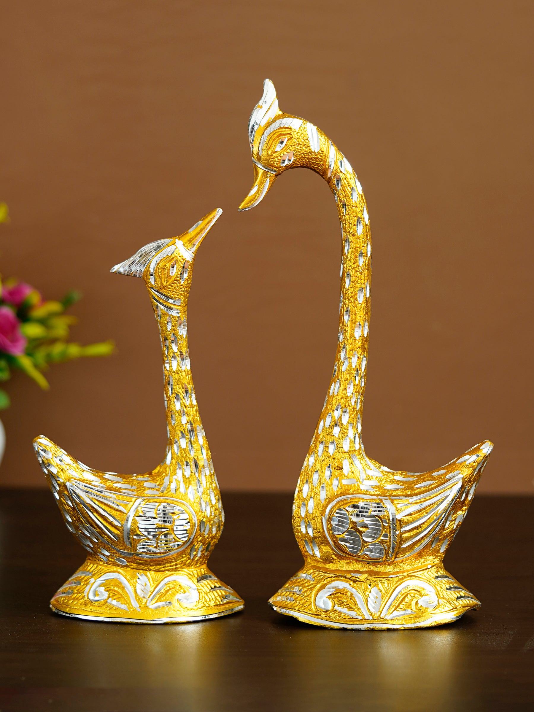 12 Inch Golden Kissing Swan Couple Handcrafted Decorative Figurine